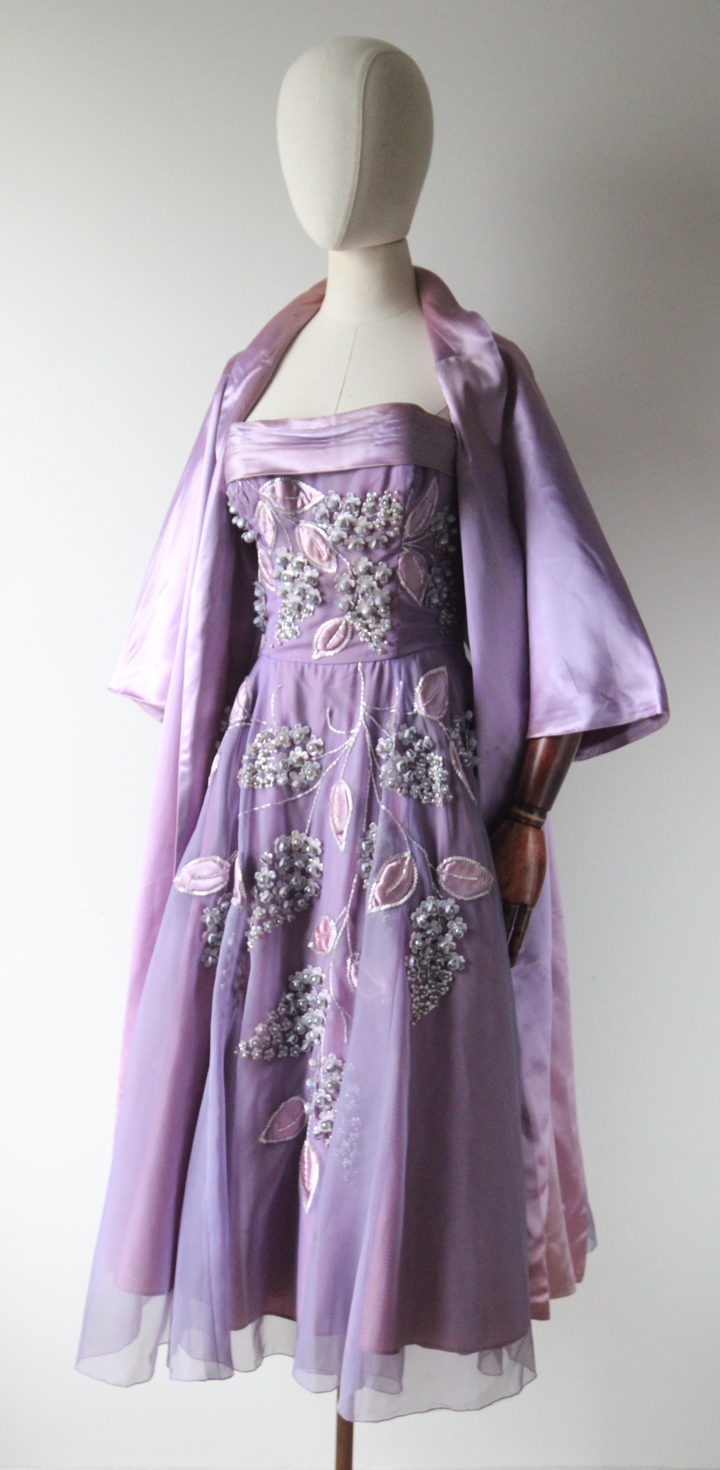 Vintage 1950's Lilac Beaded Floral Kleid und passende Jacke fünfziger Jahre UK 8 US 4 im Angebot 12