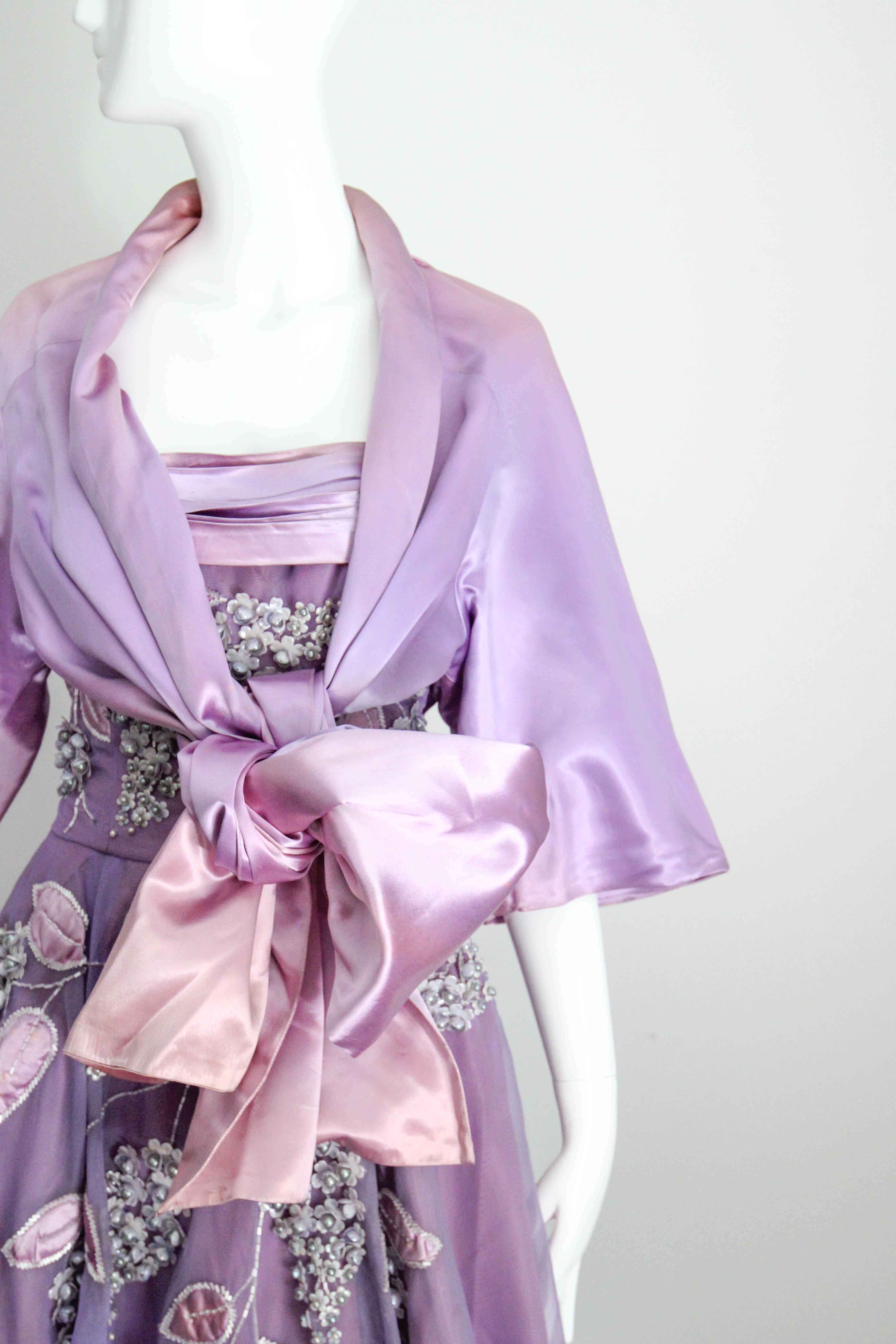 Abito floreale lilla con perline e giacca abbinata anni '50 UK 8 US 4 in vendita 8