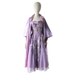 Vintage 1950's Lilac Beaded Floral Dress and Matching Jacket fifties UK 8 US 4
