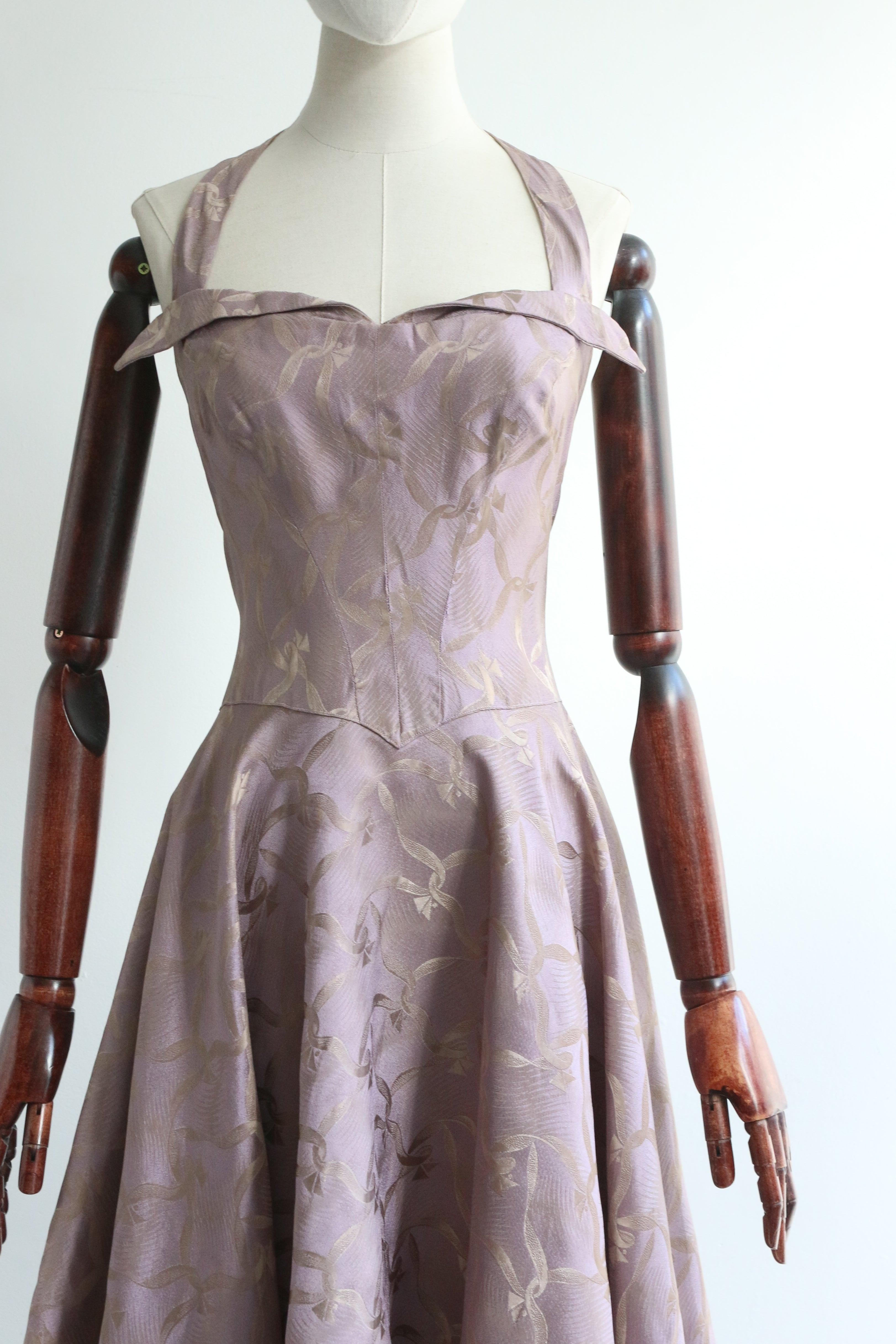 Vestido de seda lila vintage de los años 50 con cuello halter y vuelo UK 10 Gris