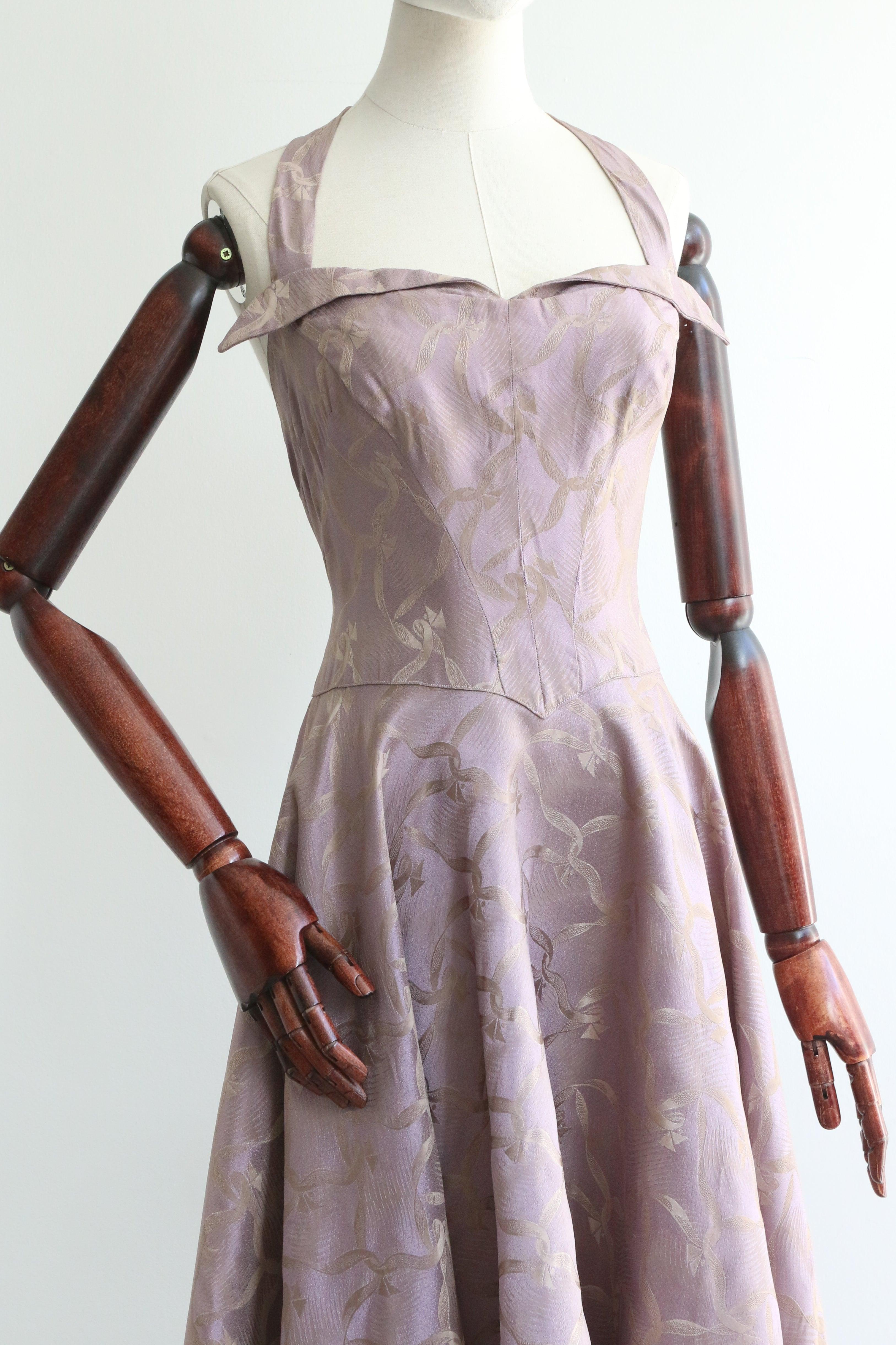 Vestido de seda lila vintage de los años 50 con cuello halter y vuelo UK 10 1