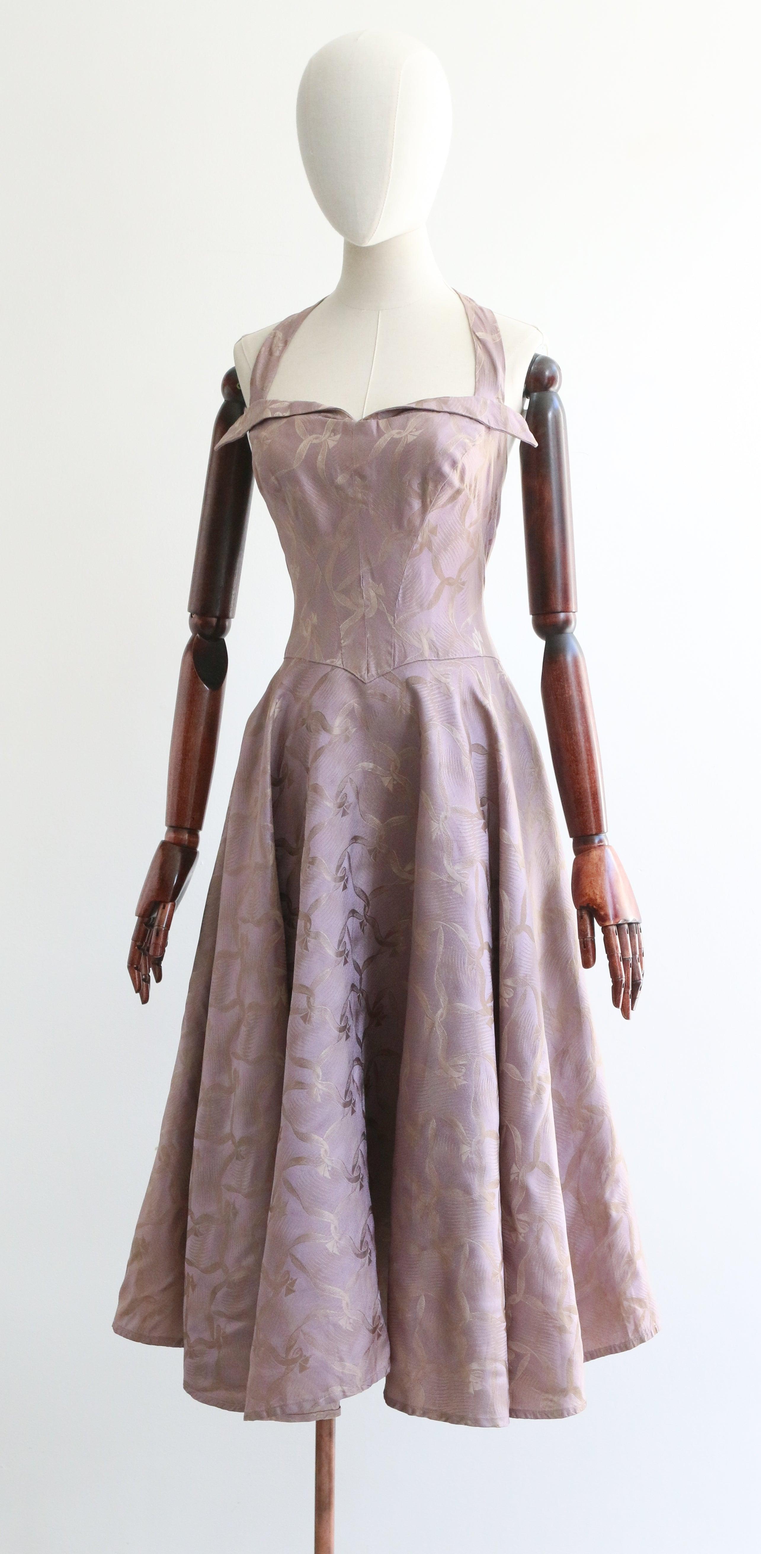 Vestido de seda lila vintage de los años 50 con cuello halter y vuelo UK 10 2