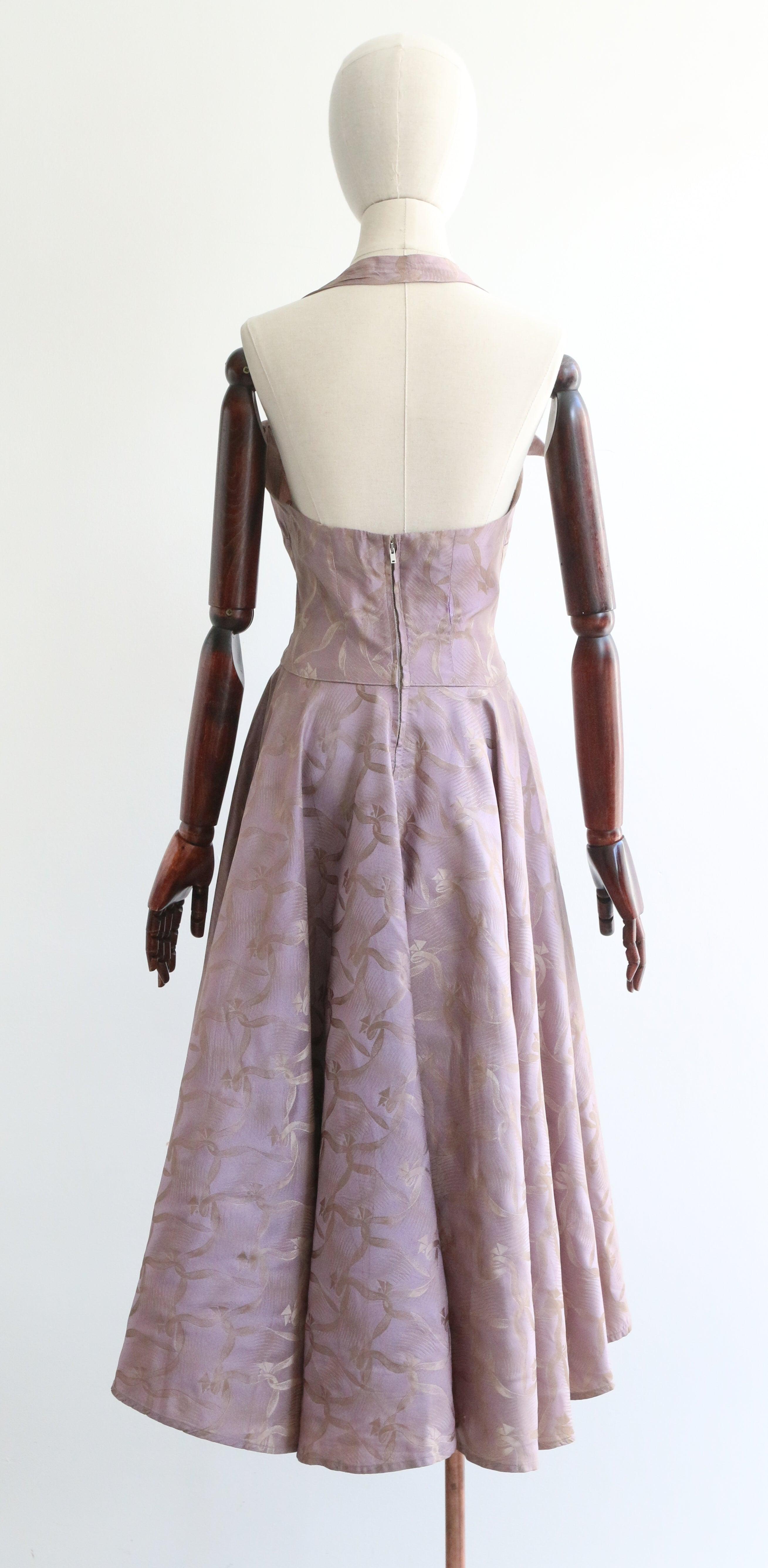 Vestido de seda lila vintage de los años 50 con cuello halter y vuelo UK 10 3