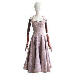 Vintage 1950's Lilac Brocade Halter Neck Fit and Flare Lilac Silk Dress UK 10