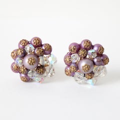 Vintage 1950's lilac pearl iridescent glass beaded earrings fifties jewellery