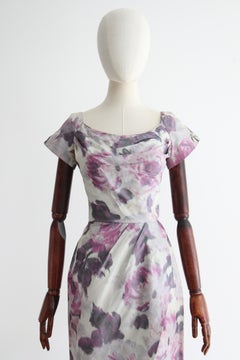 Vintage 1950's Lilac Watersilk Floral Dress UK 8 US 4