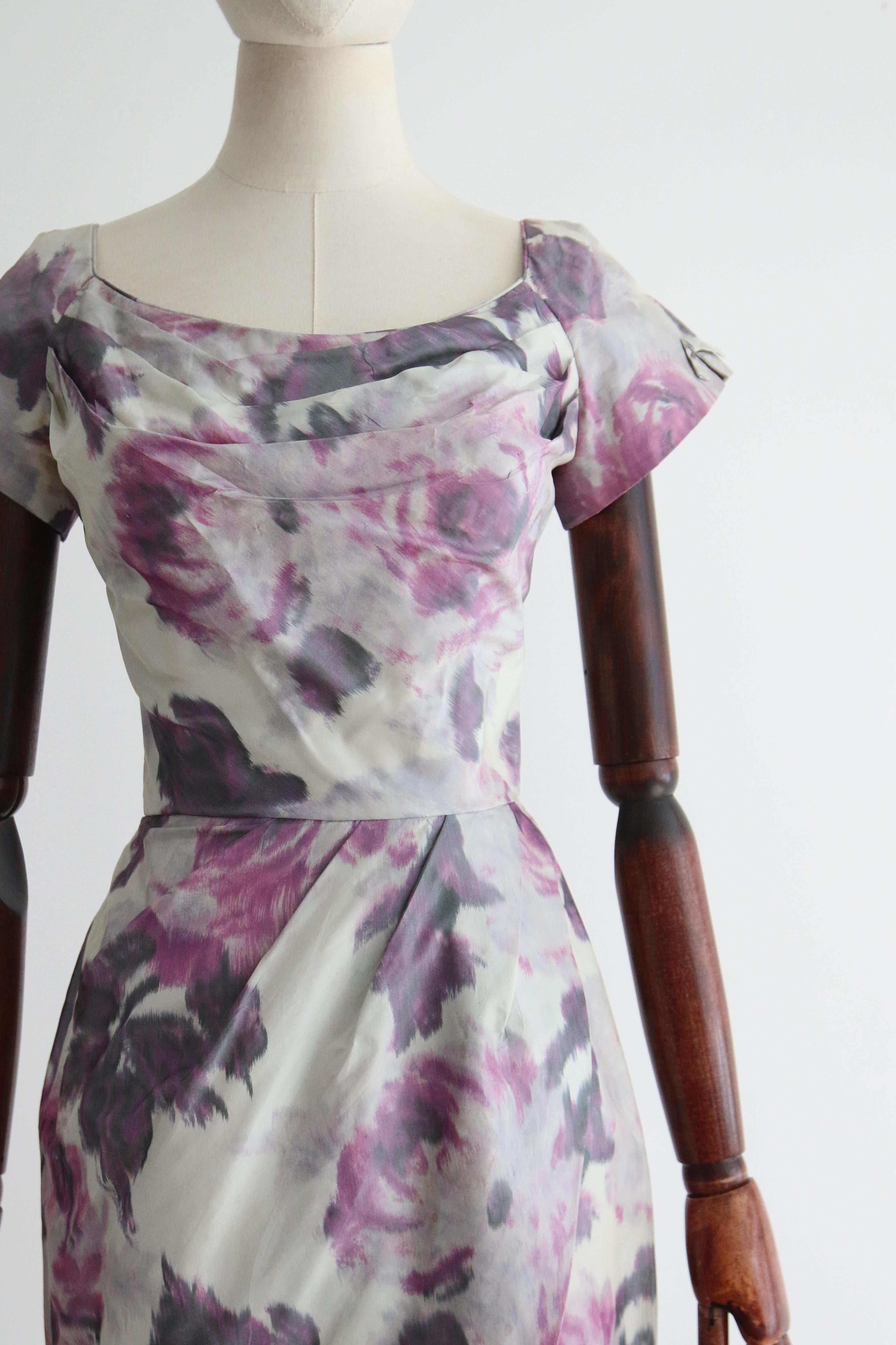 Gray Vintage 1950's Lilac Watersilk Floral Dress UK 8 US 4 For Sale
