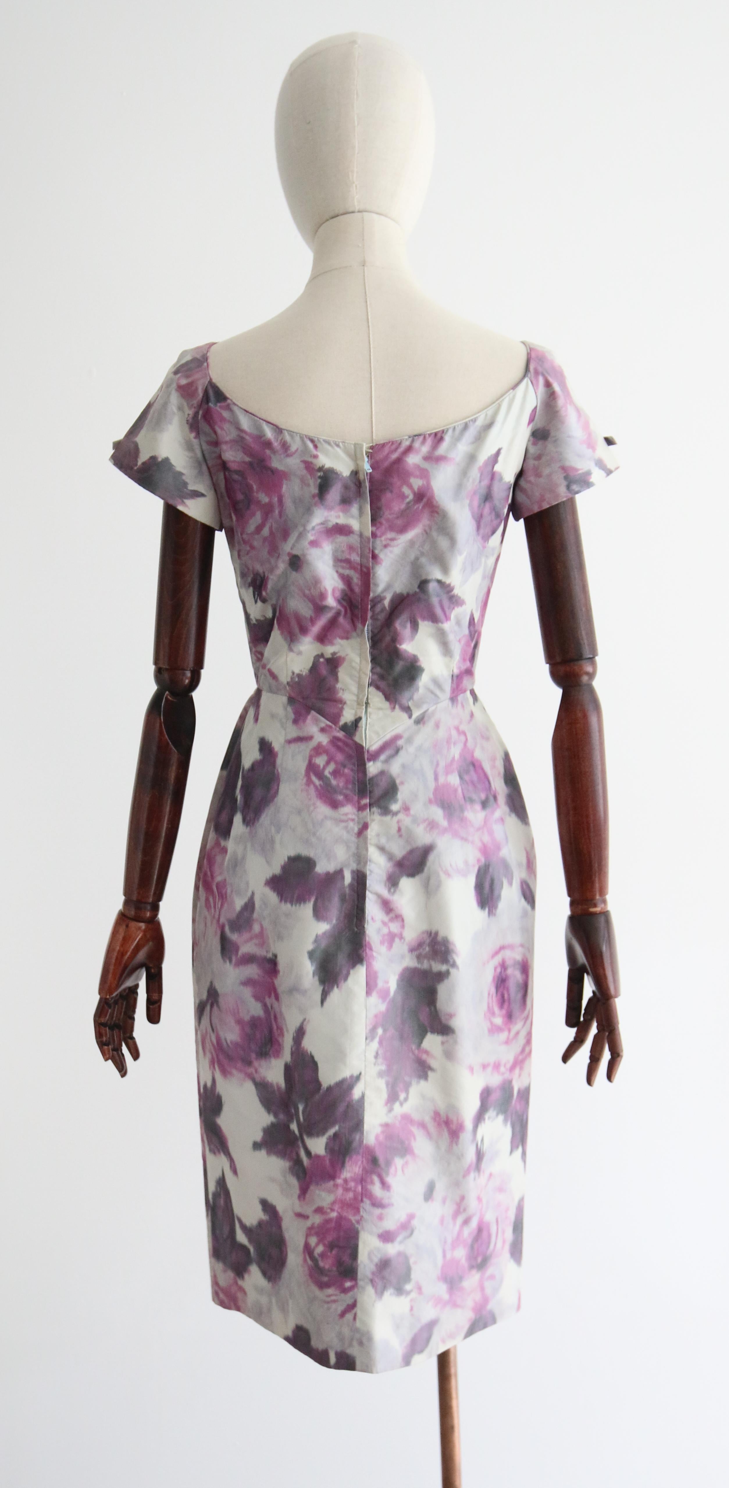 Vintage 1950's Lilac Watersilk Floral Dress UK 8 US 4 For Sale 2