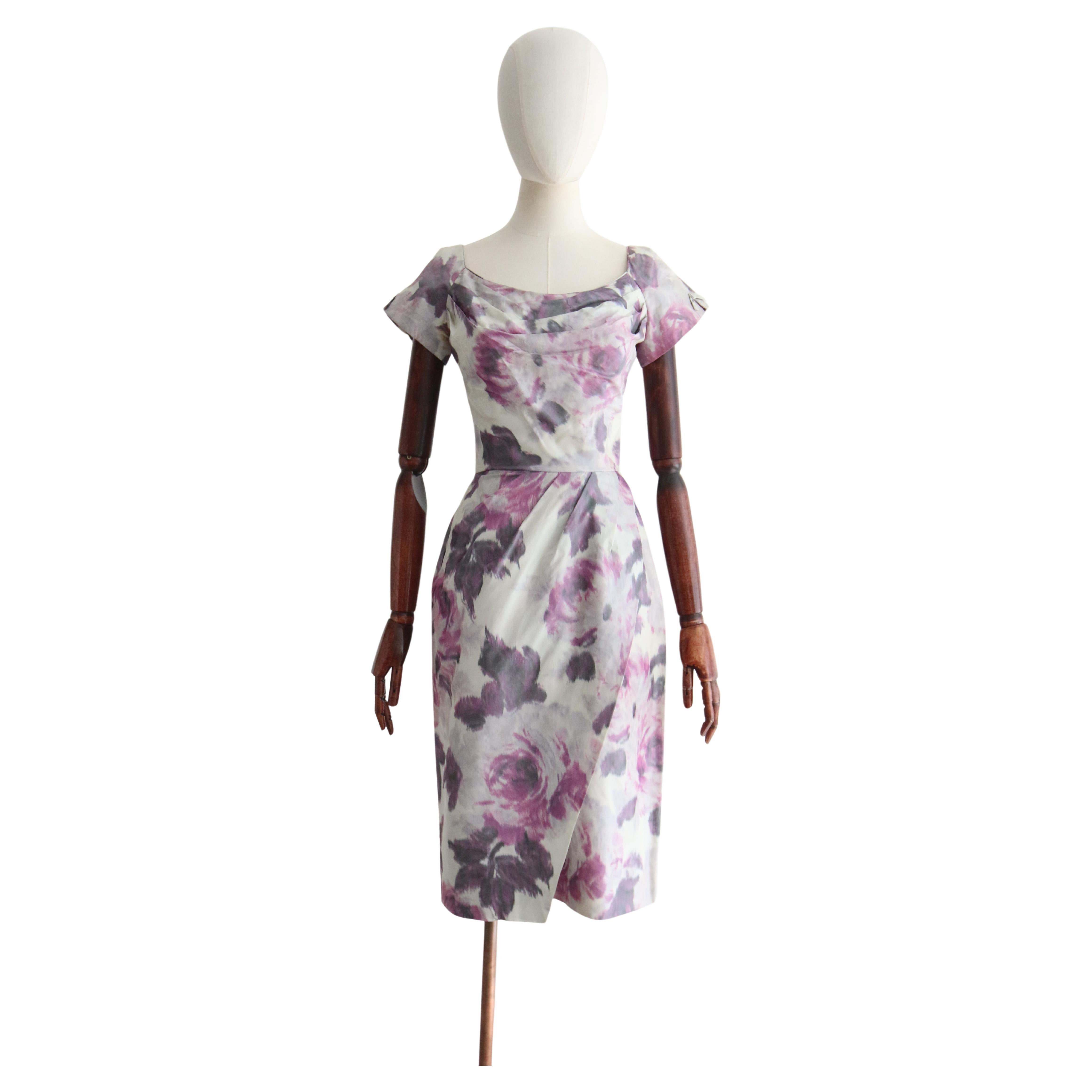 Vintage 1950's Lilac Watersilk Floral Dress UK 8 US 4 For Sale