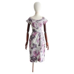 Vintage 1950's Lilac Watersilk Floral Dress UK 8 US 4