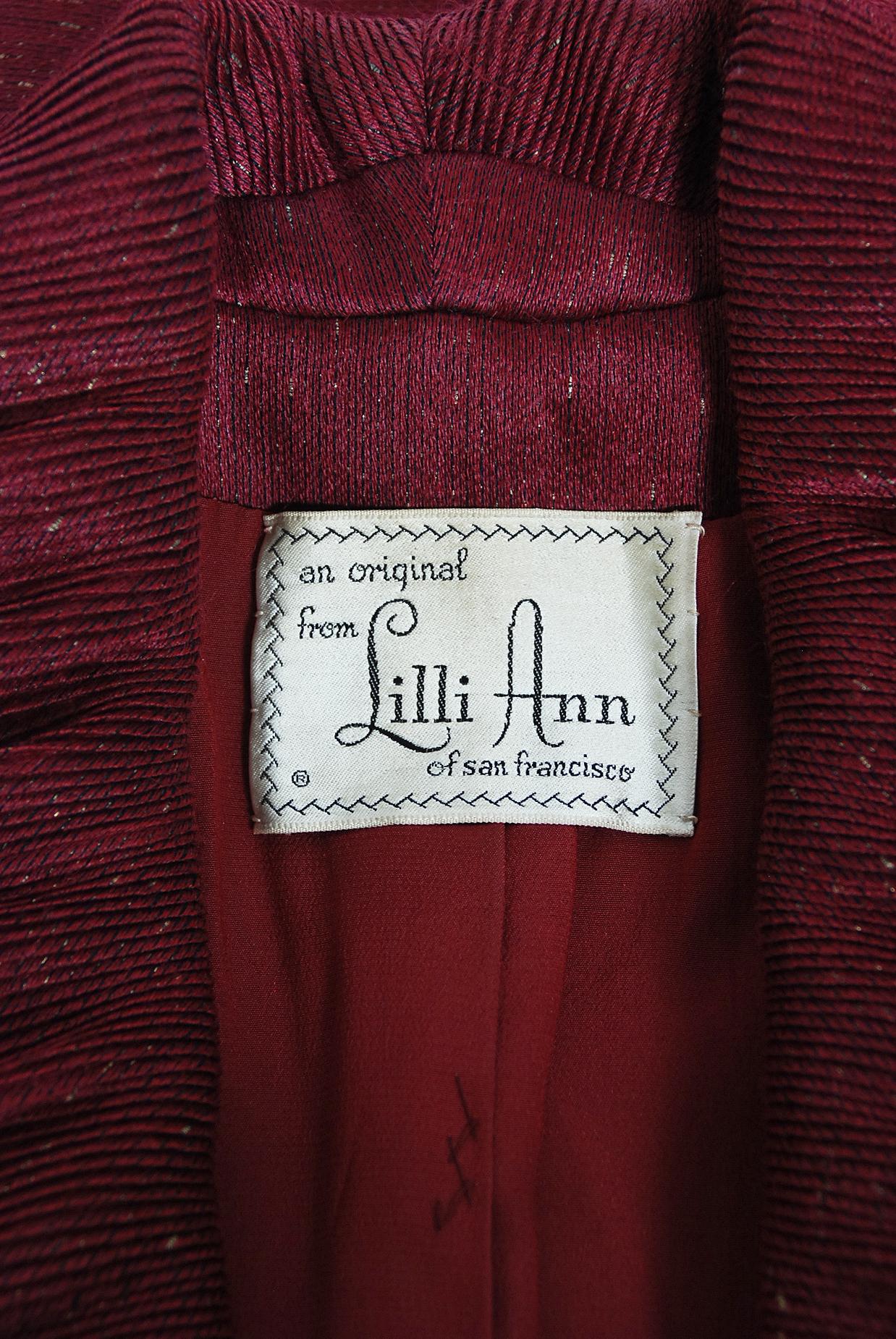 Vintage 1950's Lilli Ann Merlot Red Metallic Silk Pleated Jacket and Skirt Suit 3