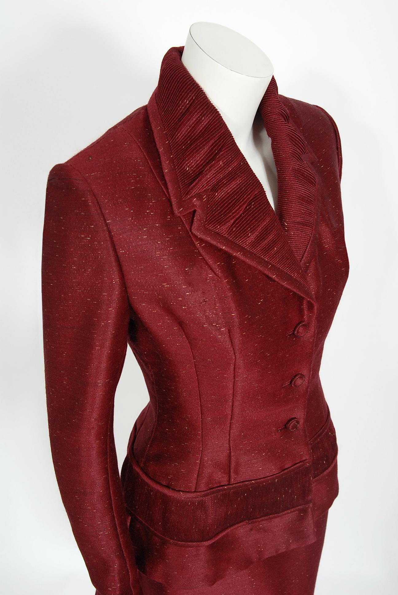 Vintage 1950's Lilli Ann Merlot Red Metallic Silk Pleated Jacket and Skirt  Suit