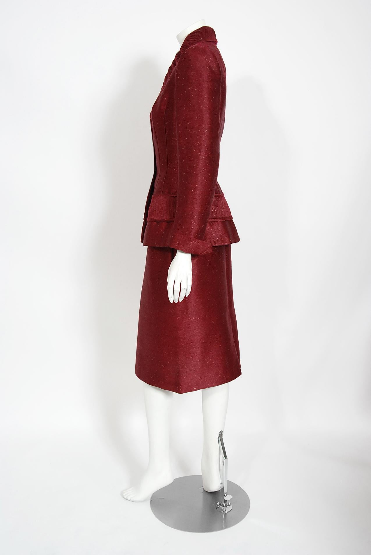 Vintage 1950's Lilli Ann Merlot Red Metallic Silk Pleated Jacket and Skirt Suit In Good Condition In Beverly Hills, CA