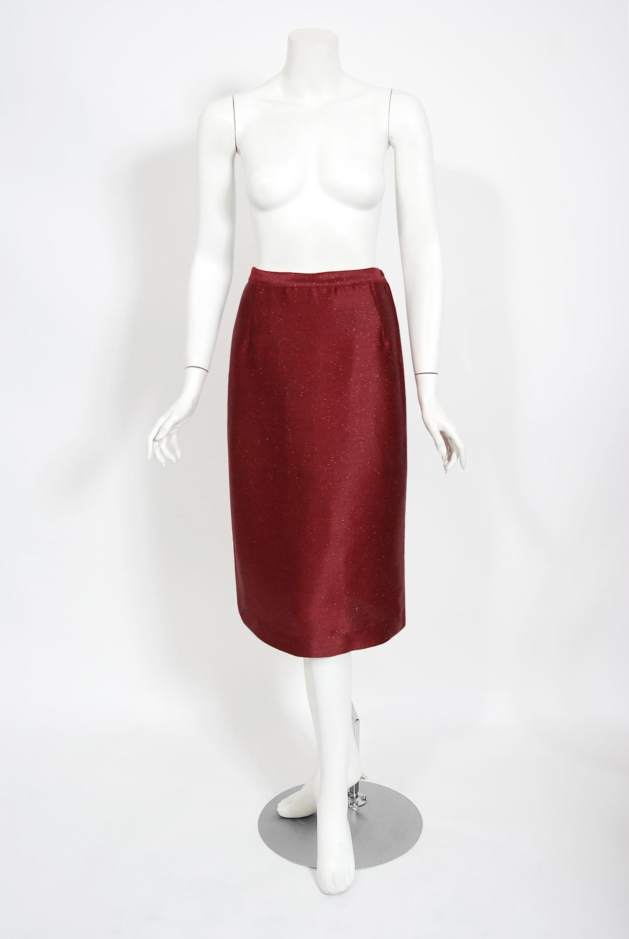 Women's Vintage 1950's Lilli Ann Merlot Red Metallic Silk Pleated Jacket and Skirt Suit