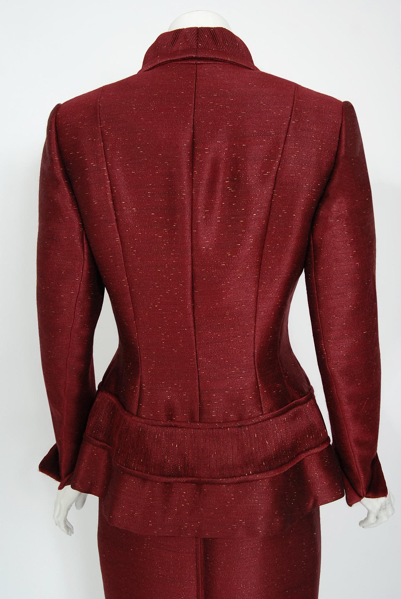 Vintage 1950's Lilli Ann Merlot Red Metallic Silk Pleated Jacket and Skirt Suit 2