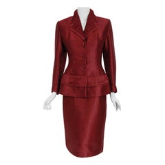 Vintage 1950's Lilli Ann Merlot Red Metallic Silk Pleated Jacket and Skirt Suit