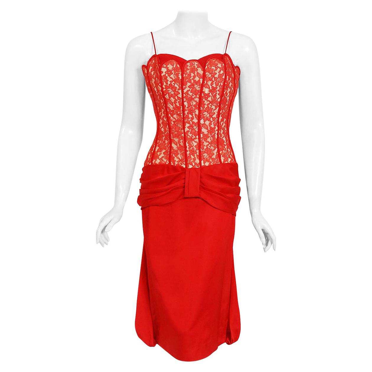Vintage 1950's Lilli Diamond Red Silk Lace Illusion Draped Fishtail Pin-Up Dress