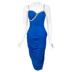 Vintage 1950's Lilli Diamond Sapphire Blue Chiffon Rhinestone Draped Dress 