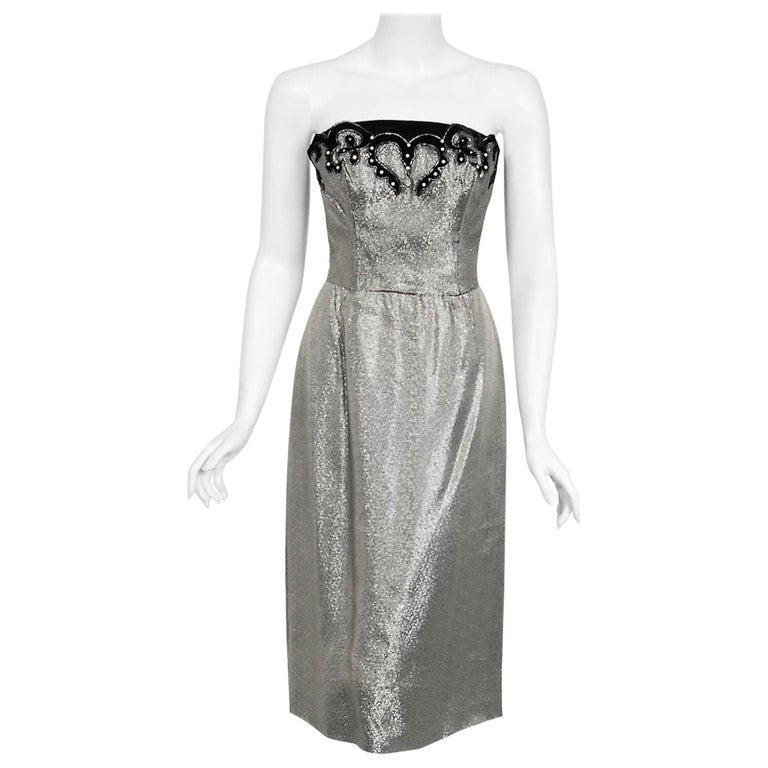 Vintage 1950's Lilli Diamond Silver Lamé Beaded Strapless Dress and Swing Jacket For Sale