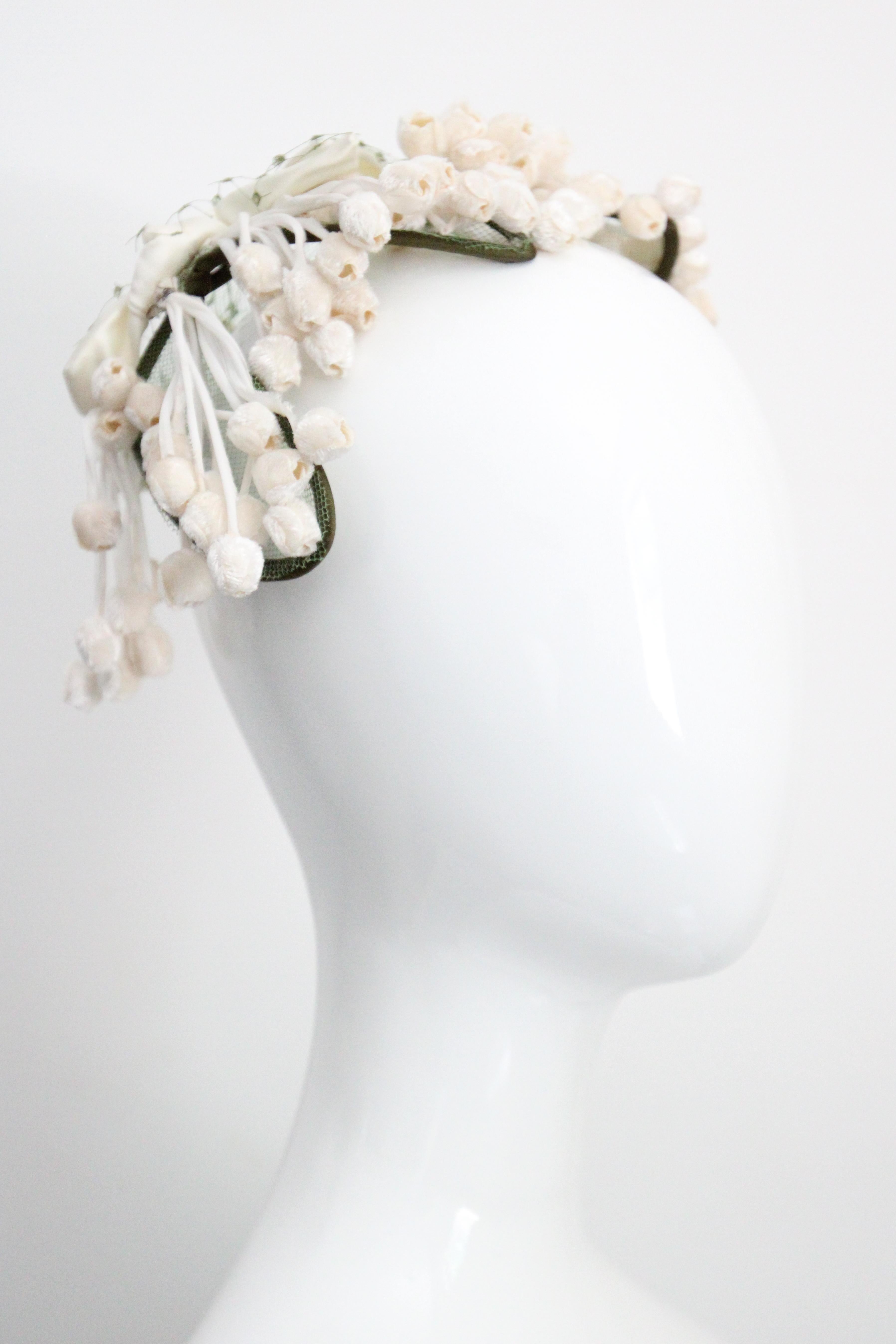 Gray Vintage 1950's Lily of the Valley silk velvet millinery flower hat 1950s hat