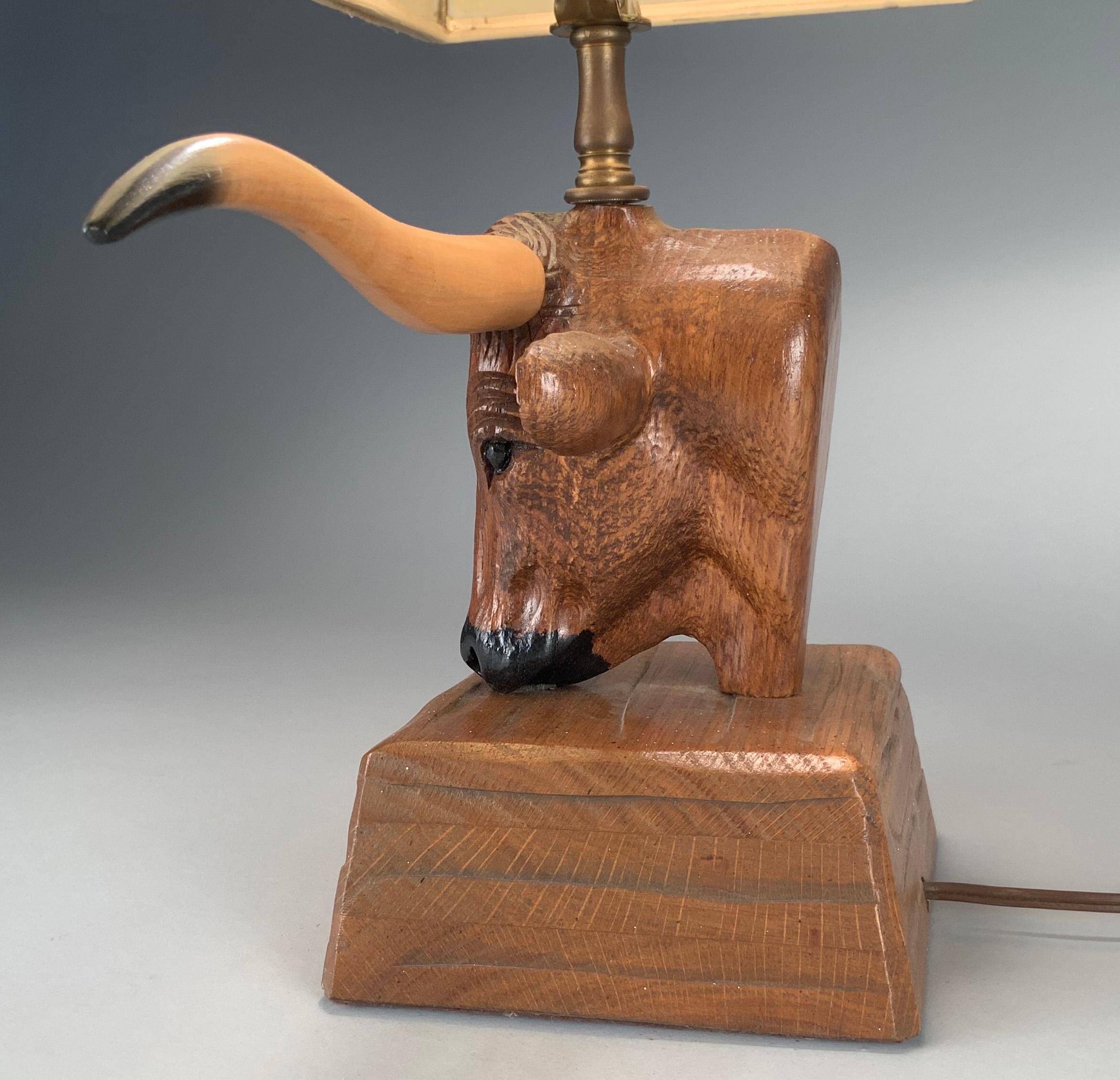 American Vintage 1950s Longhorn Steer Ranch Oak Lamp