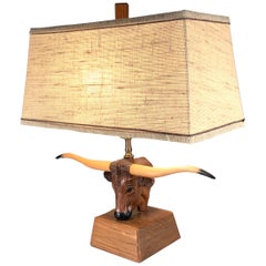 Vintage 1950s Longhorn Steer Ranch Oak Lamp