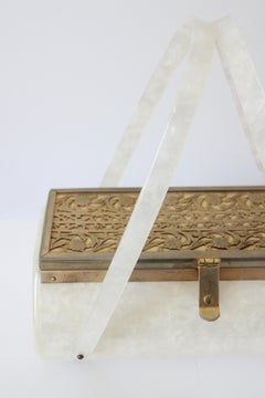 Vintage 1950's Lucite and Brass filigree box bag pearlescent lucite box bag
