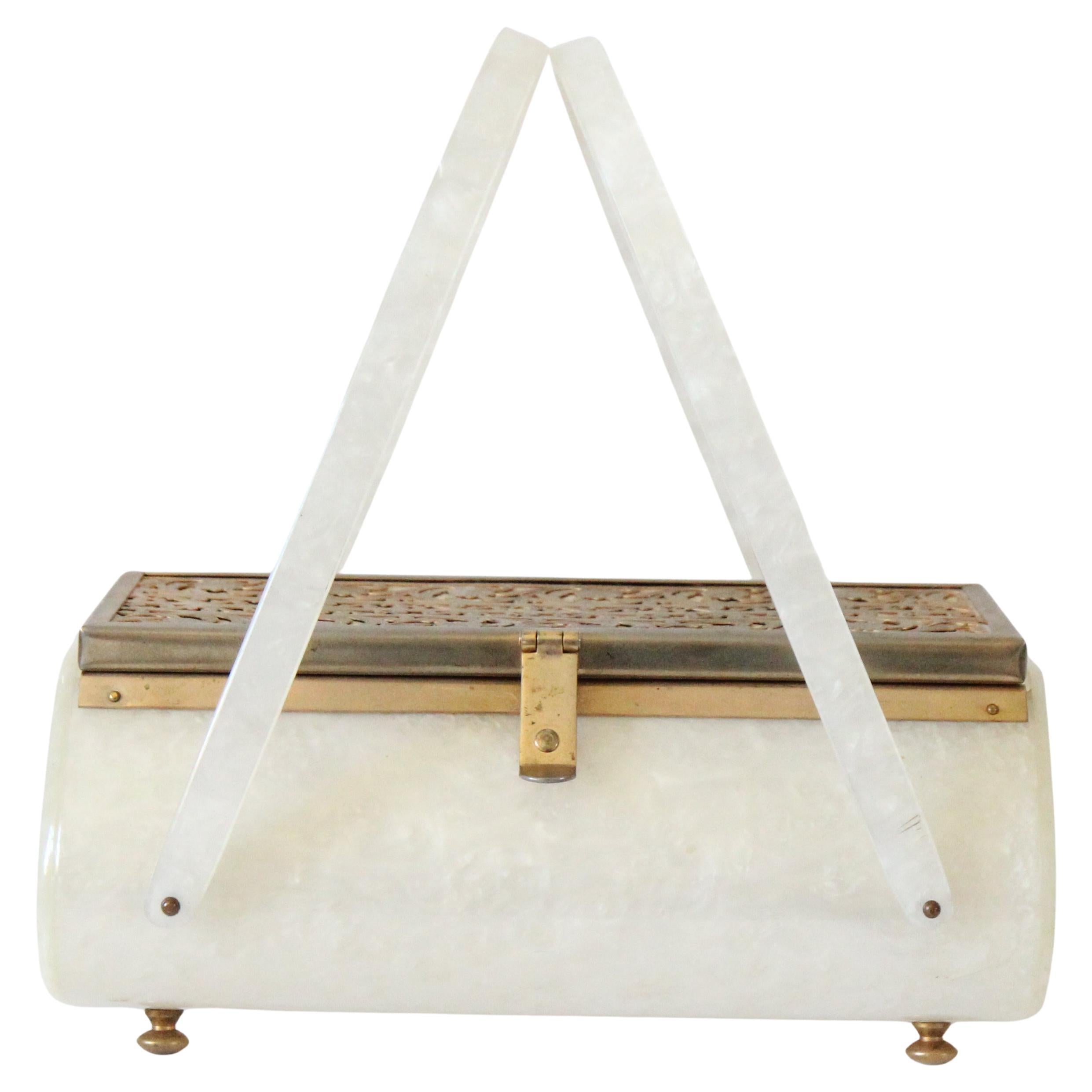 Vintage 1950
s Lucite and Brass filigree box bag pearlescent lucite box bag For Sale