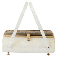 Vintage 1950's Lucite and Brass filigree box bag pearlescent lucite box bag