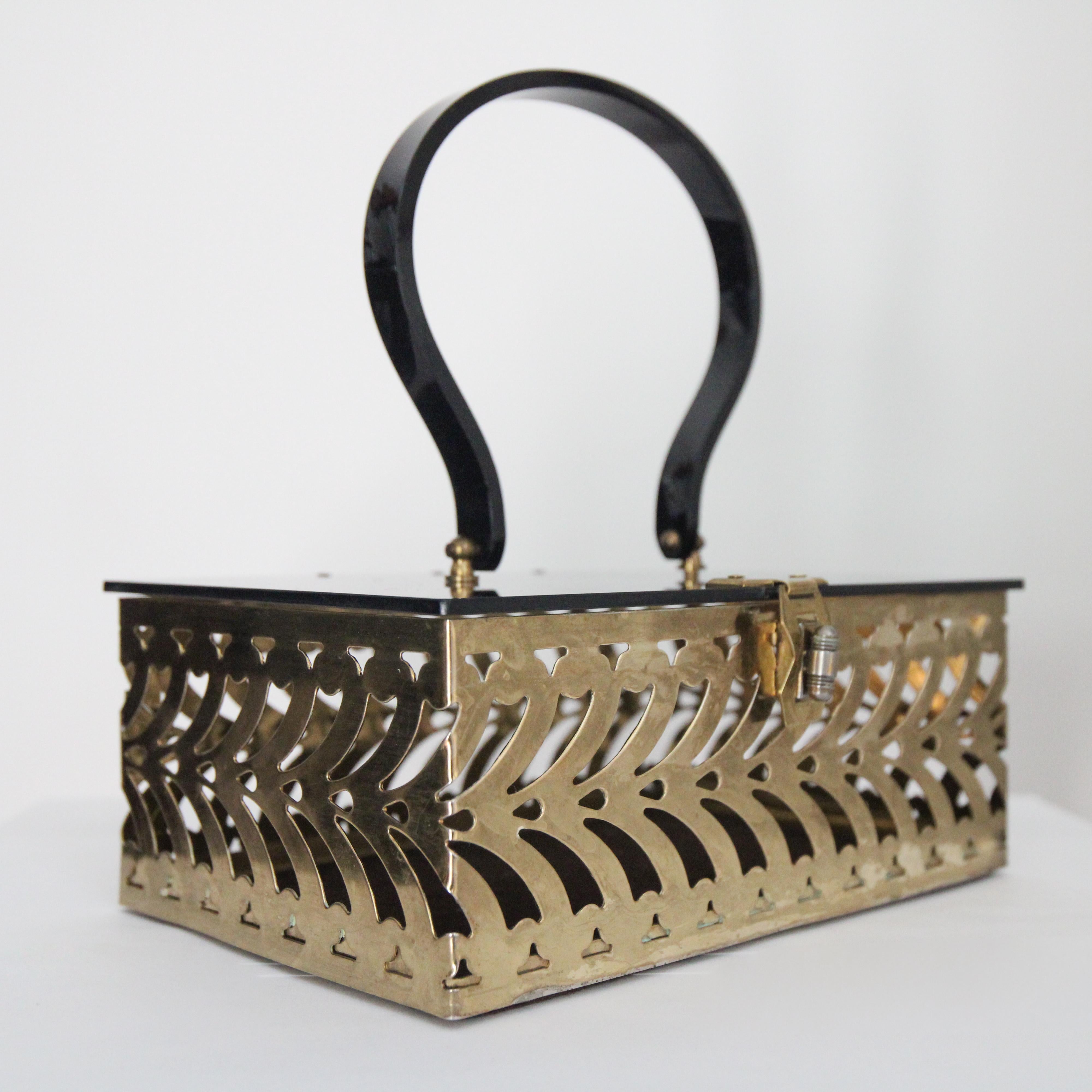 Gray Vintage 1950's Lucite and Brass filigree box bag vintage 1950s box bag gold For Sale