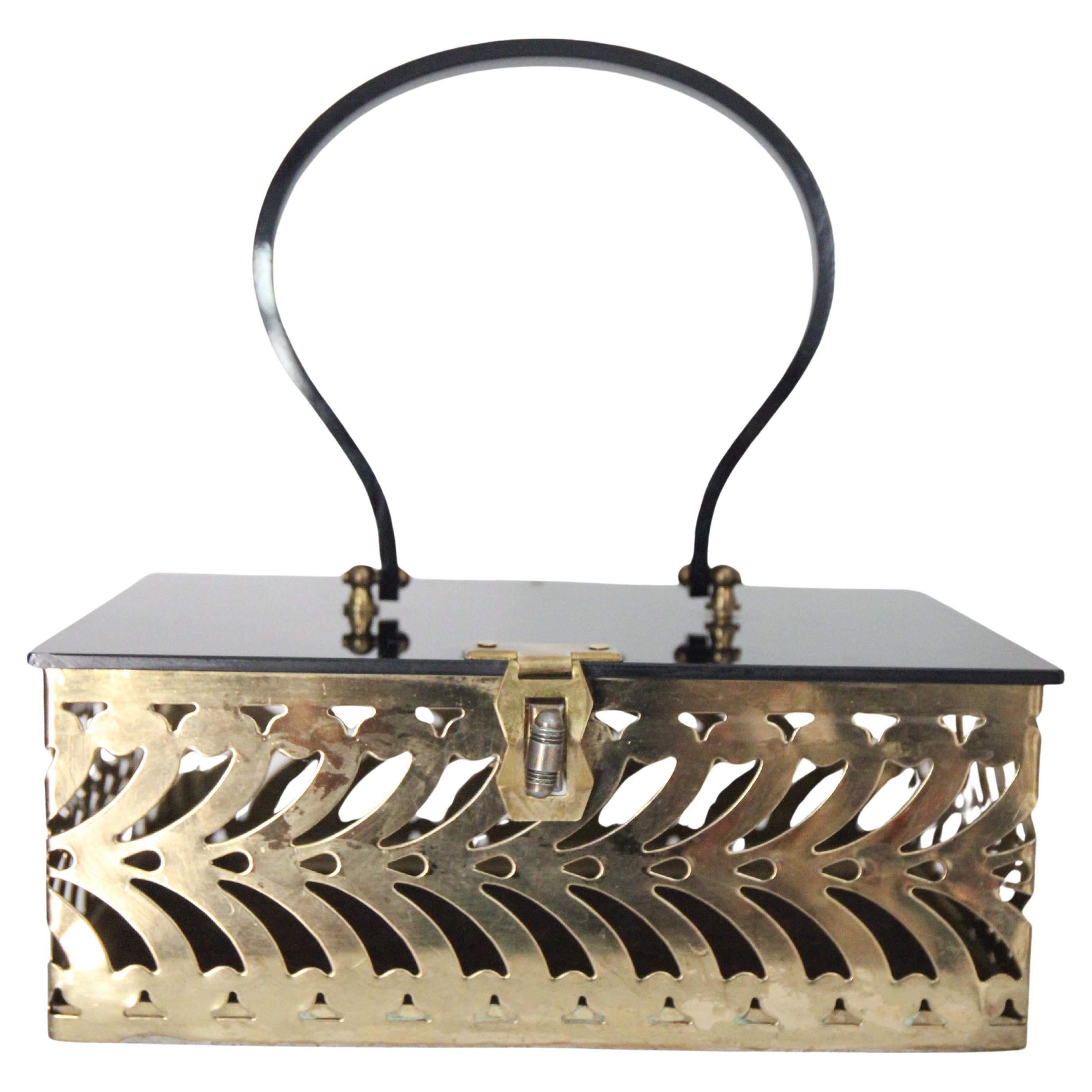 Vintage 1950's Lucite and Brass filigree box bag vintage 1950s box bag gold For Sale
