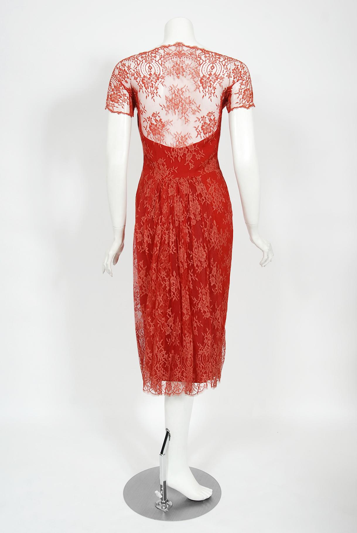 Vintage 1950's Luis Estévez Red Illusion Lace Sweetheart Plunge Hourglass Dress 4