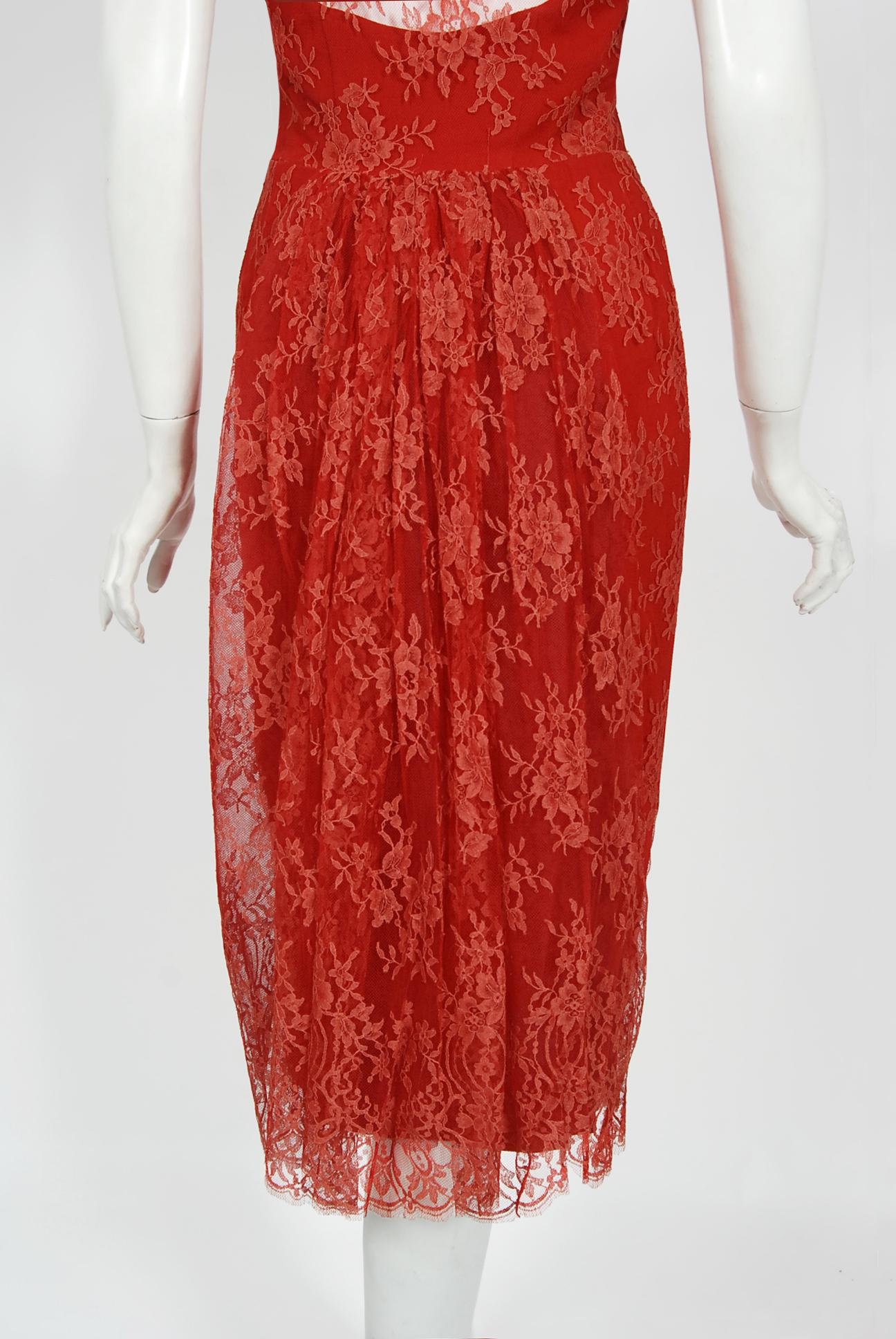Vintage 1950's Luis Estévez Red Illusion Lace Sweetheart Plunge Hourglass Dress 5