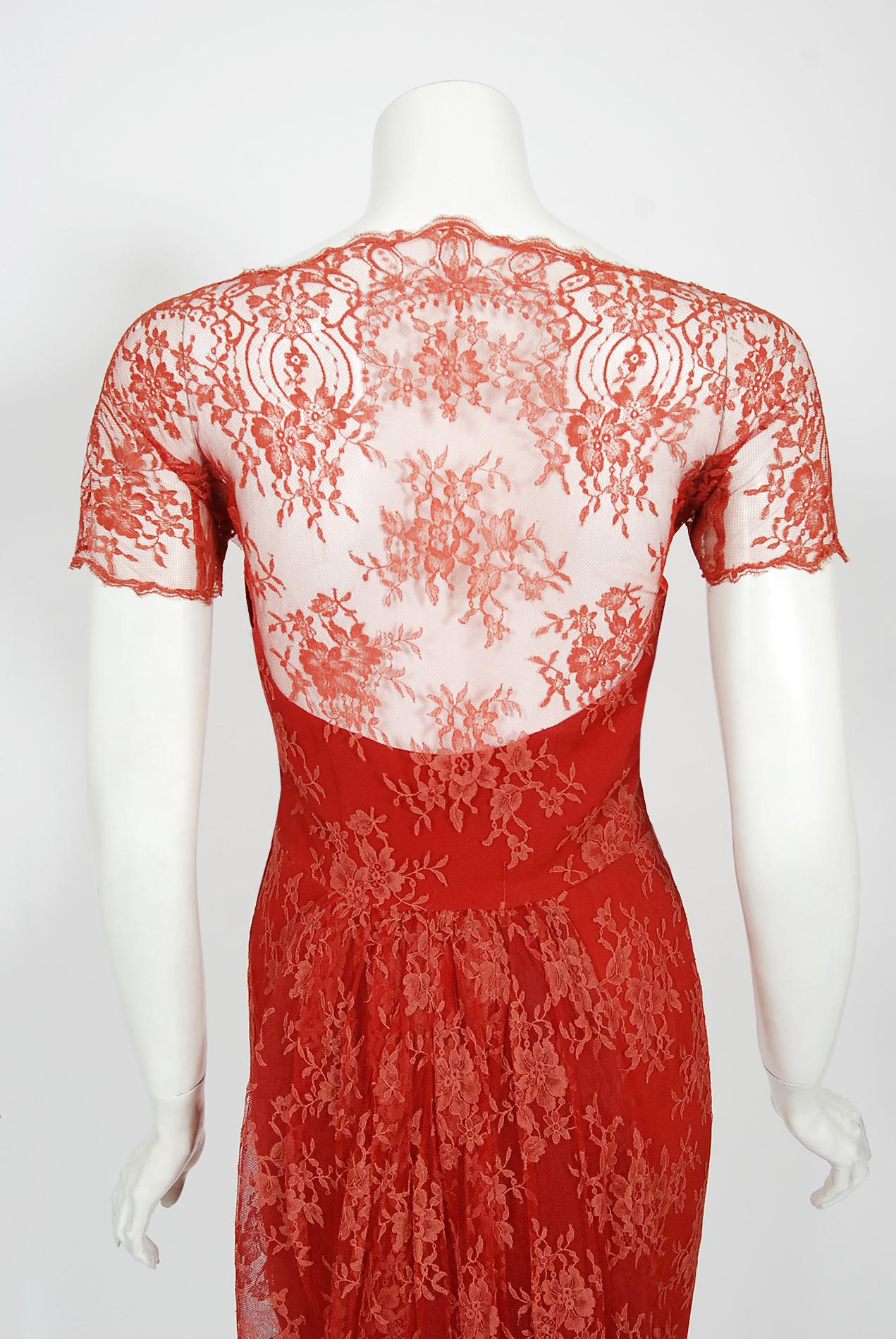 Vintage 1950's Luis Estévez Red Illusion Lace Sweetheart Plunge Hourglass Dress 6