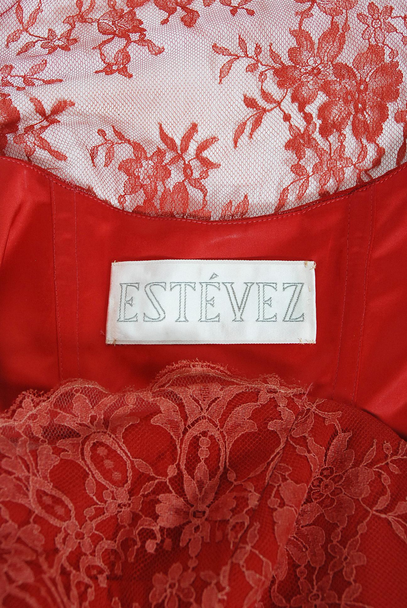 Vintage 1950's Luis Estévez Red Illusion Lace Sweetheart Plunge Hourglass Dress 8