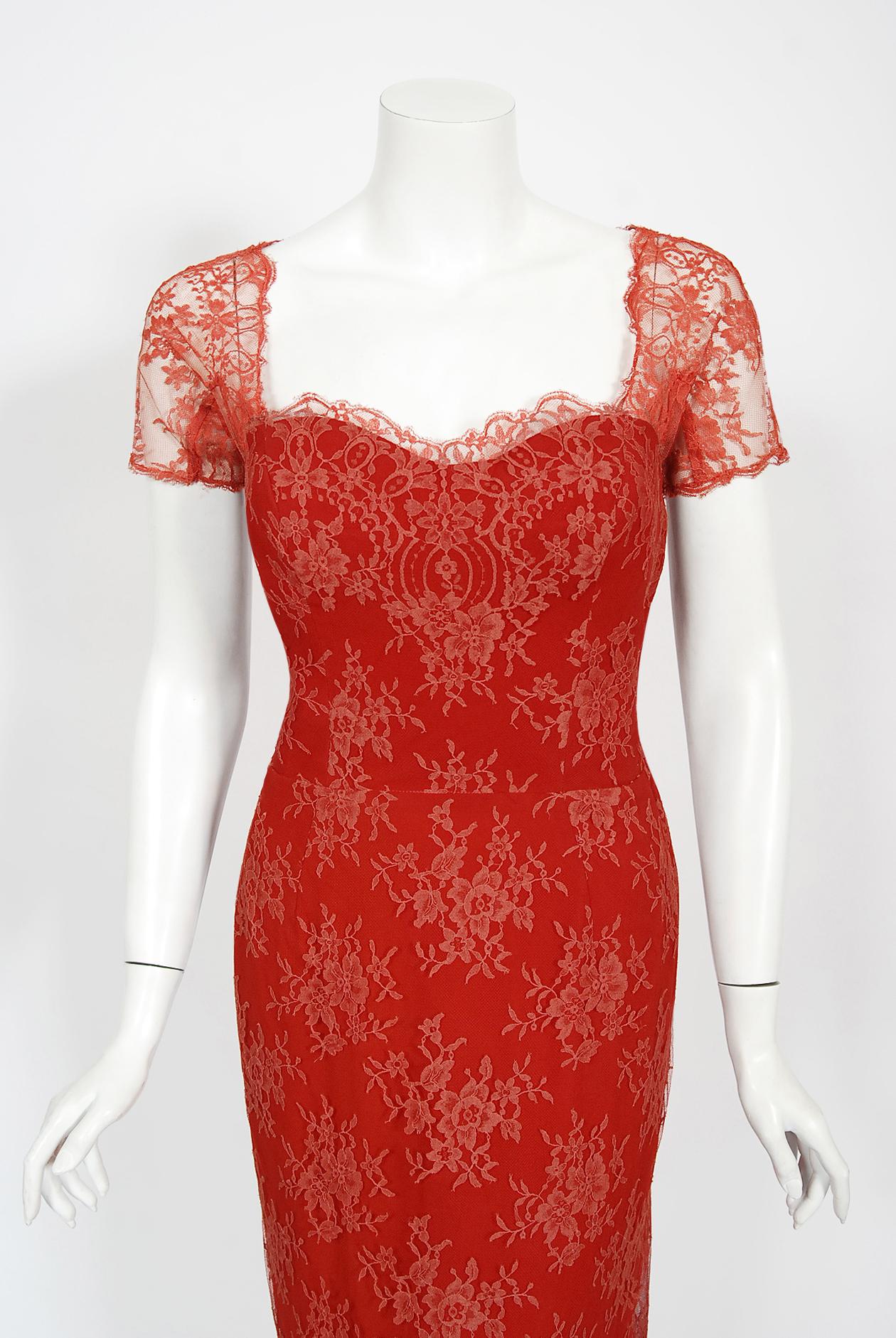 An absolutely gorgeous Luis Estévez couture red chantilly-lace and silk satin hourglass cocktail dress dating back to the late 1950's. Starting out at Patou in Paris, Estévez went on to design under his own name to great acclaim in 1955. He was