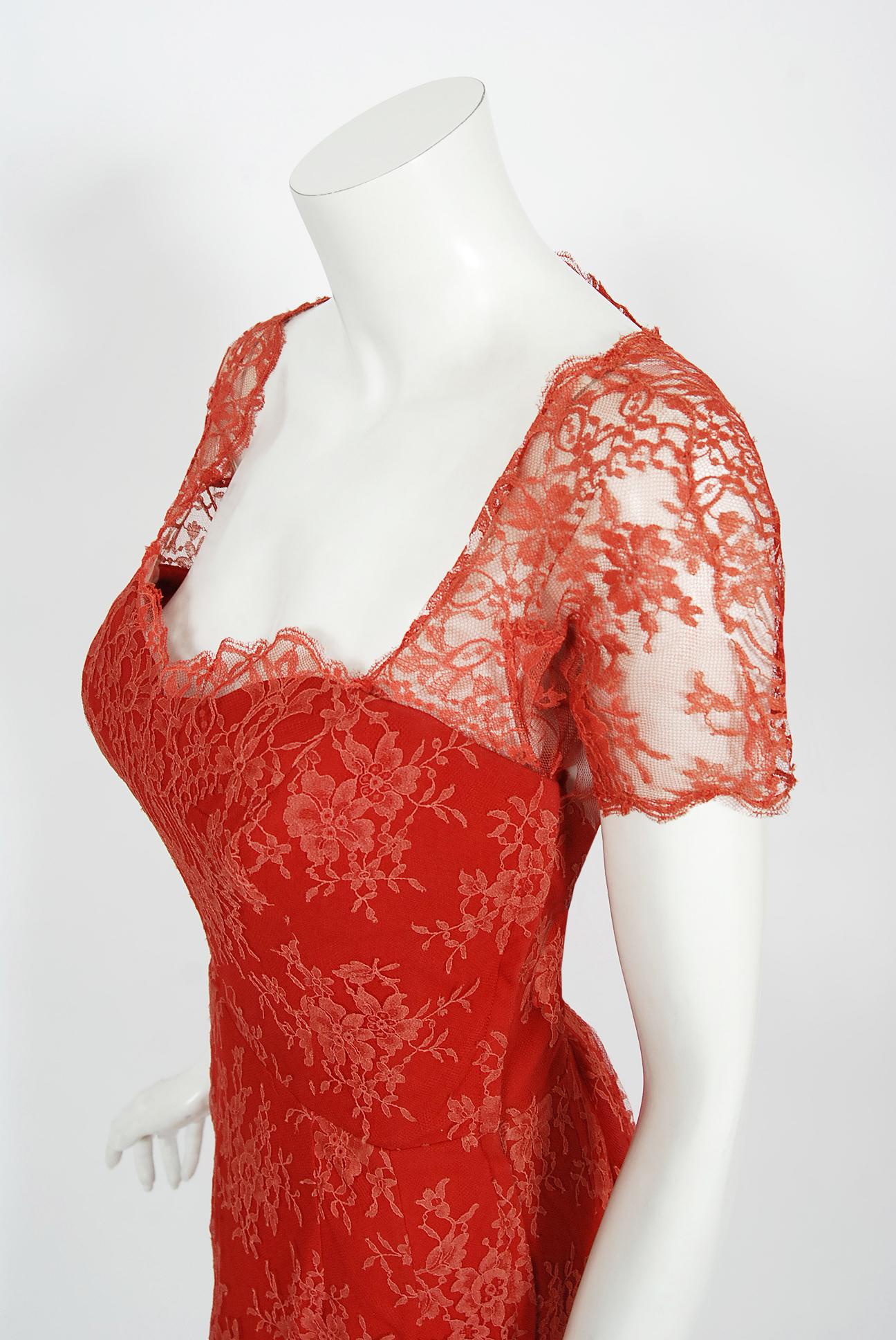Vintage 1950's Luis Estévez Red Illusion Lace Sweetheart Plunge Hourglass Dress In Good Condition In Beverly Hills, CA
