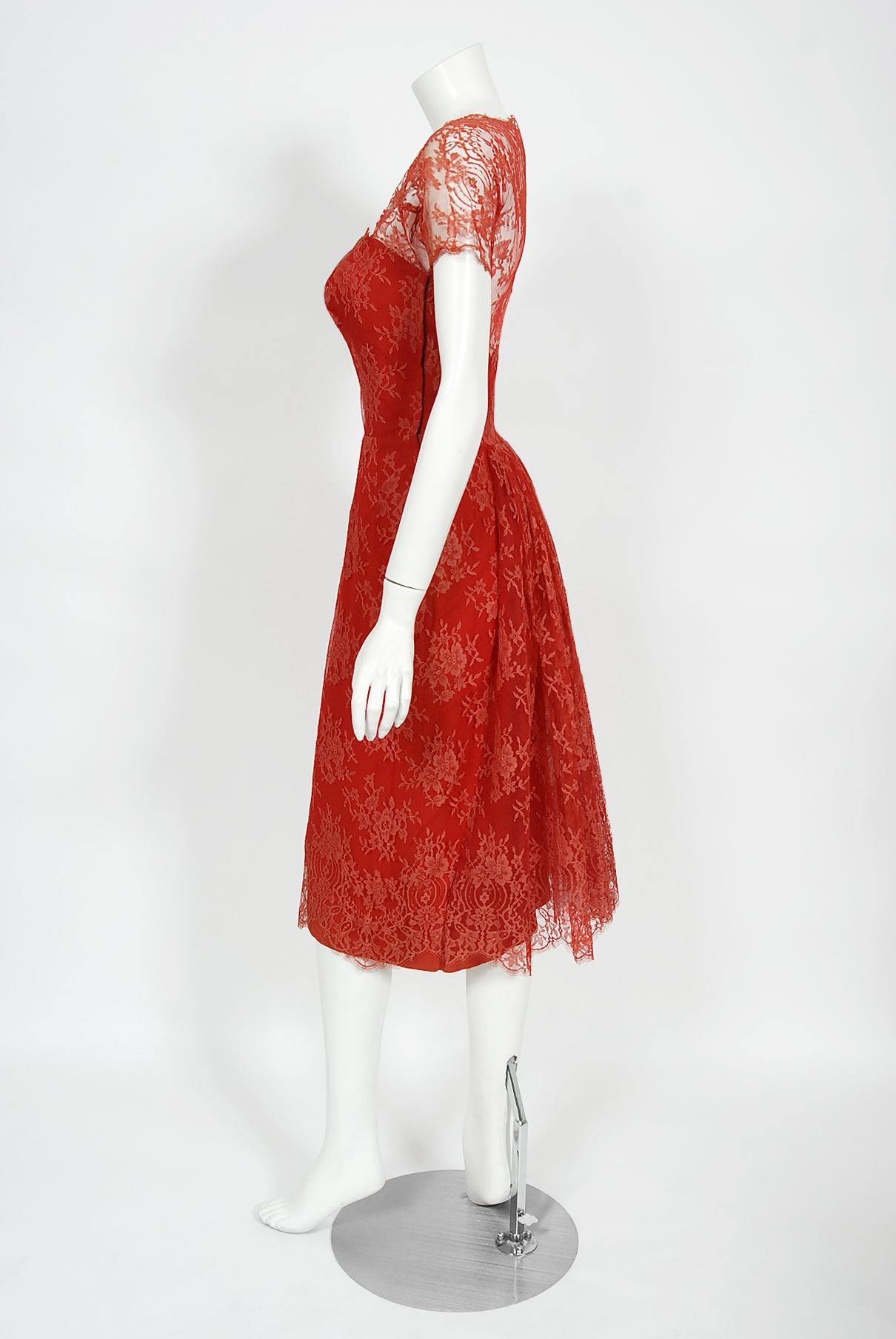 Women's Vintage 1950's Luis Estévez Red Illusion Lace Sweetheart Plunge Hourglass Dress