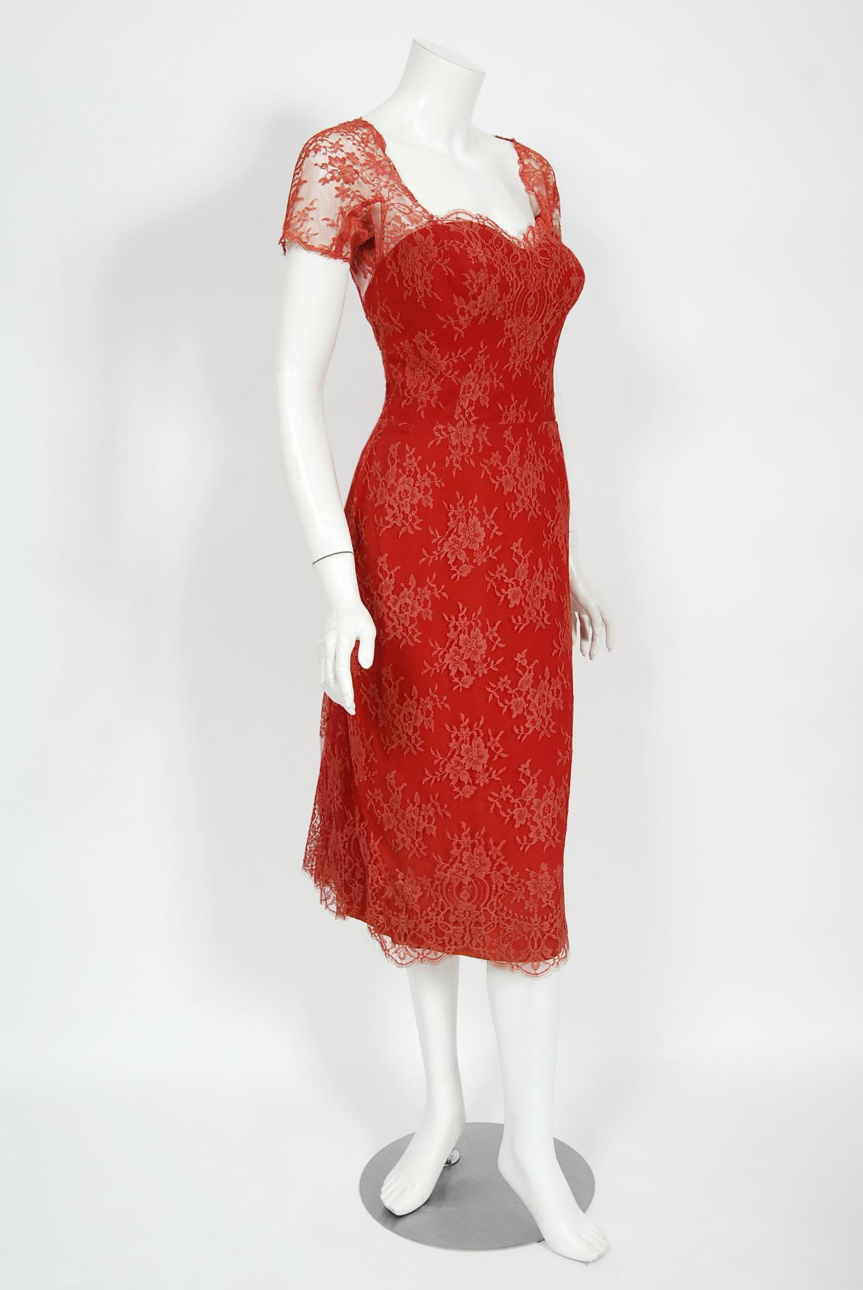 Vintage 1950's Luis Estévez Red Illusion Lace Sweetheart Plunge Hourglass Dress 2