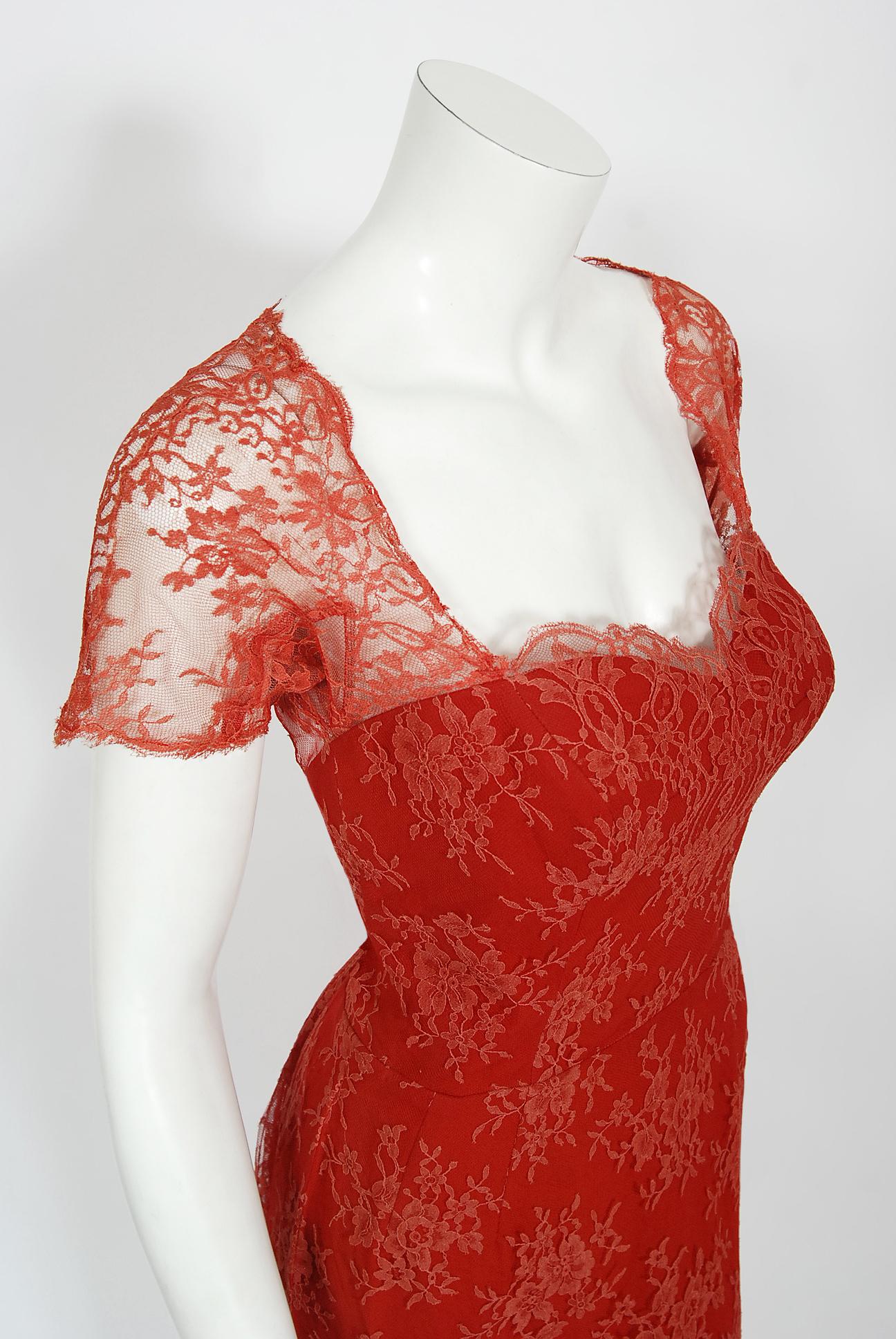 Vintage 1950's Luis Estévez Red Illusion Lace Sweetheart Plunge Hourglass Dress 3