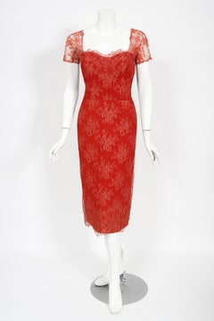 Vintage 1950's Luis Estévez Red Illusion Lace Sweetheart Plunge Hourglass Dress