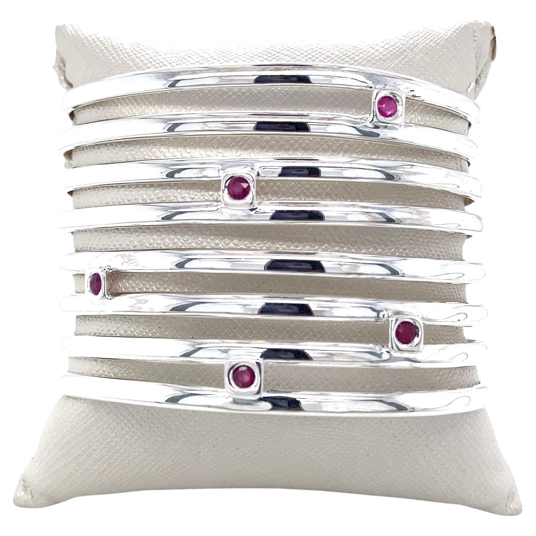 Vintage 1950s M598 Elle Ruby and Sterling Silver Cuff Bracelet For Sale