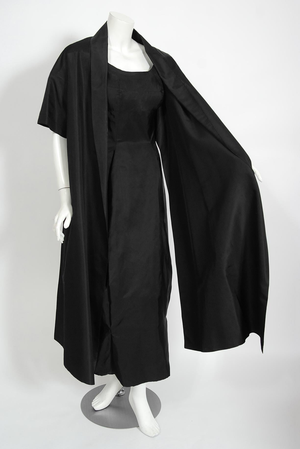 Gorgeous and incredibly rare Madame Grès haute couture sculpted black silk dress ensemble dating back to the early 1950's. Madame Grès felt that the true job of the couturier was not to create a name for one's self, as many designers do, but to pay