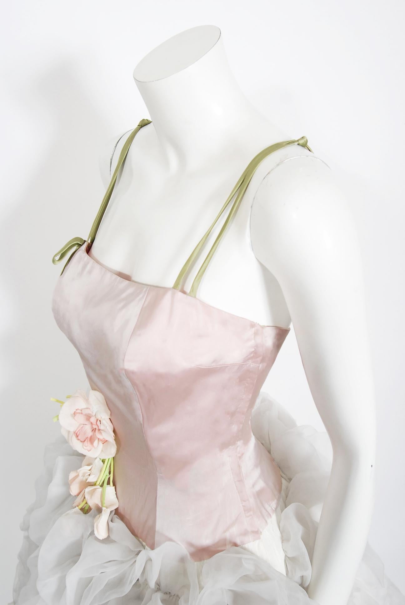 Gray Vintage 1950's Mandell Couture Pink Silk & White Chiffon Ruffle-Cloud Dress 