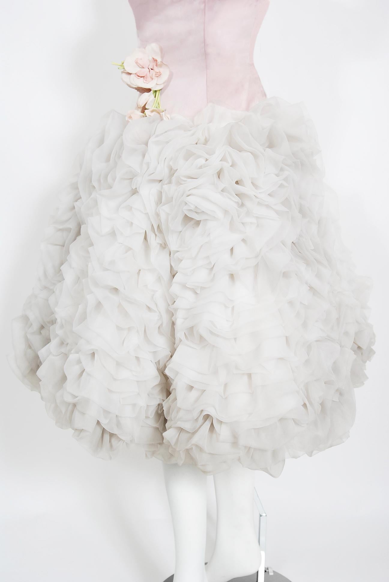 Women's Vintage 1950's Mandell Couture Pink Silk & White Chiffon Ruffle-Cloud Dress 