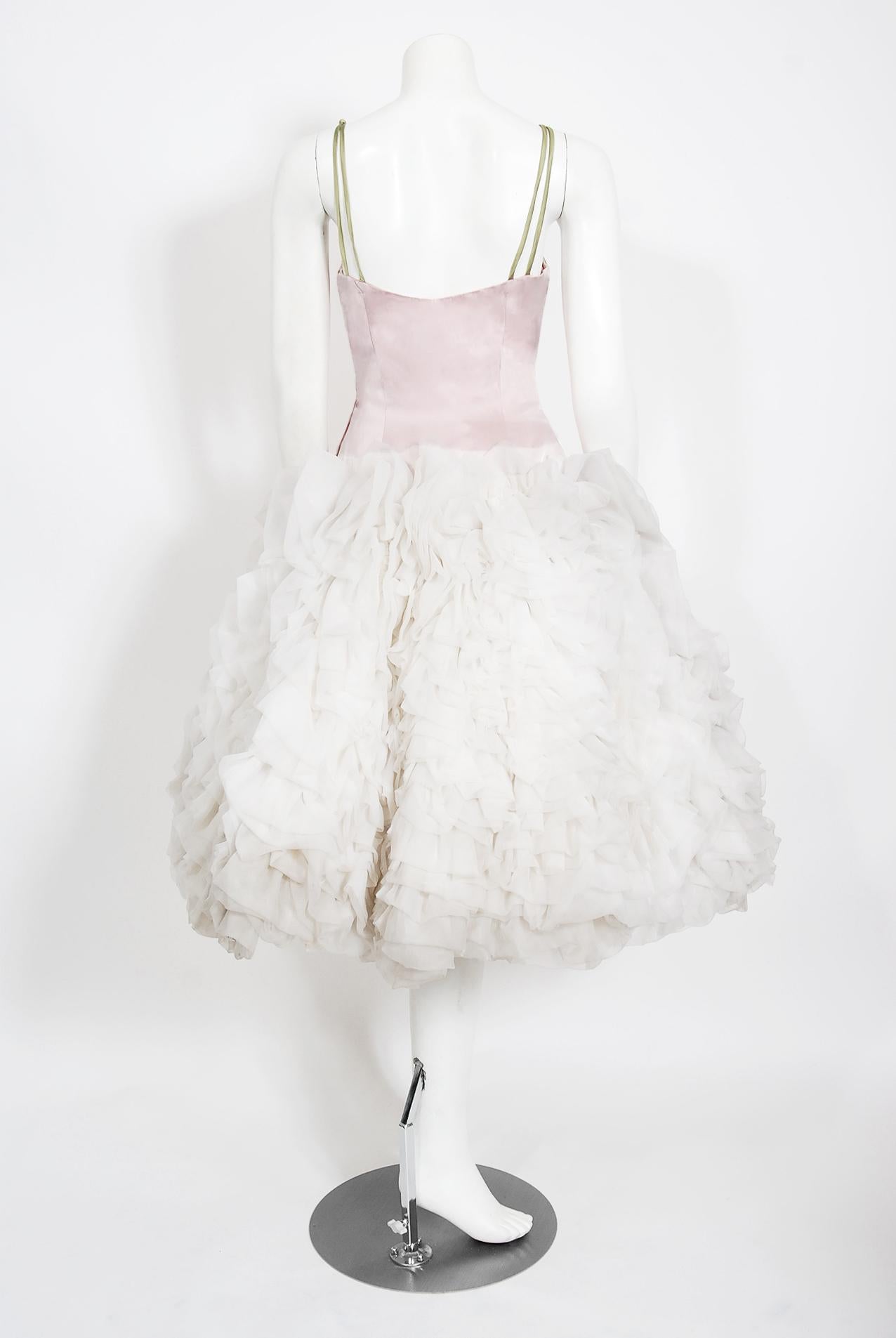 Vintage 1950's Mandell Couture Pink Silk & White Chiffon Ruffle-Cloud Dress  1