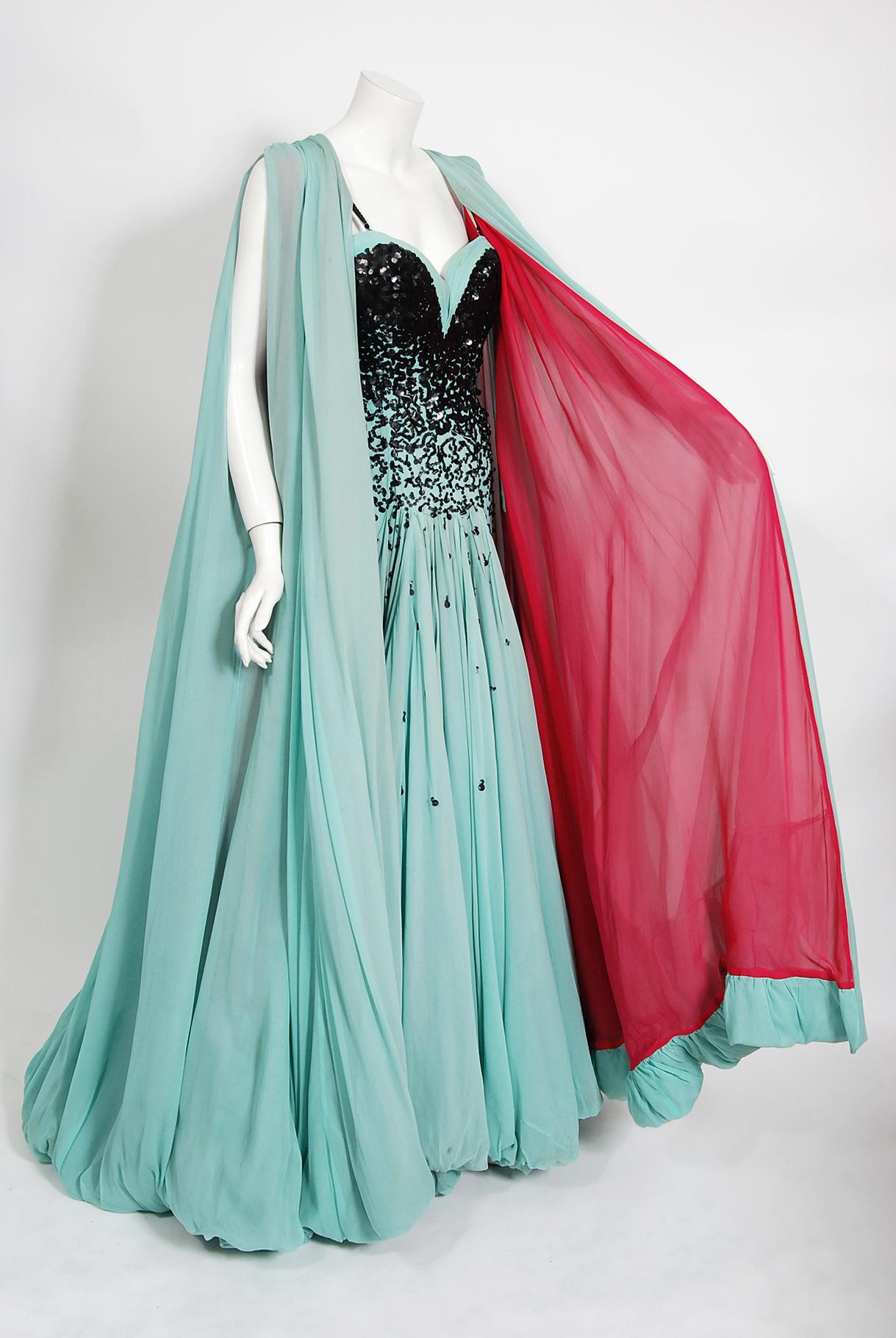 Vintage 1950's Yma Sumac Custom Couture Beaded Blue Silk Hourglass Gown Ensemble 8