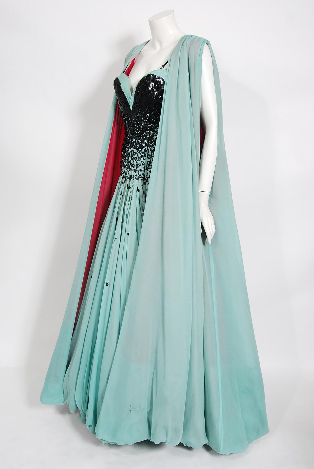 Vintage 1950's Yma Sumac Custom Couture Beaded Blue Silk Hourglass Gown Ensemble 10