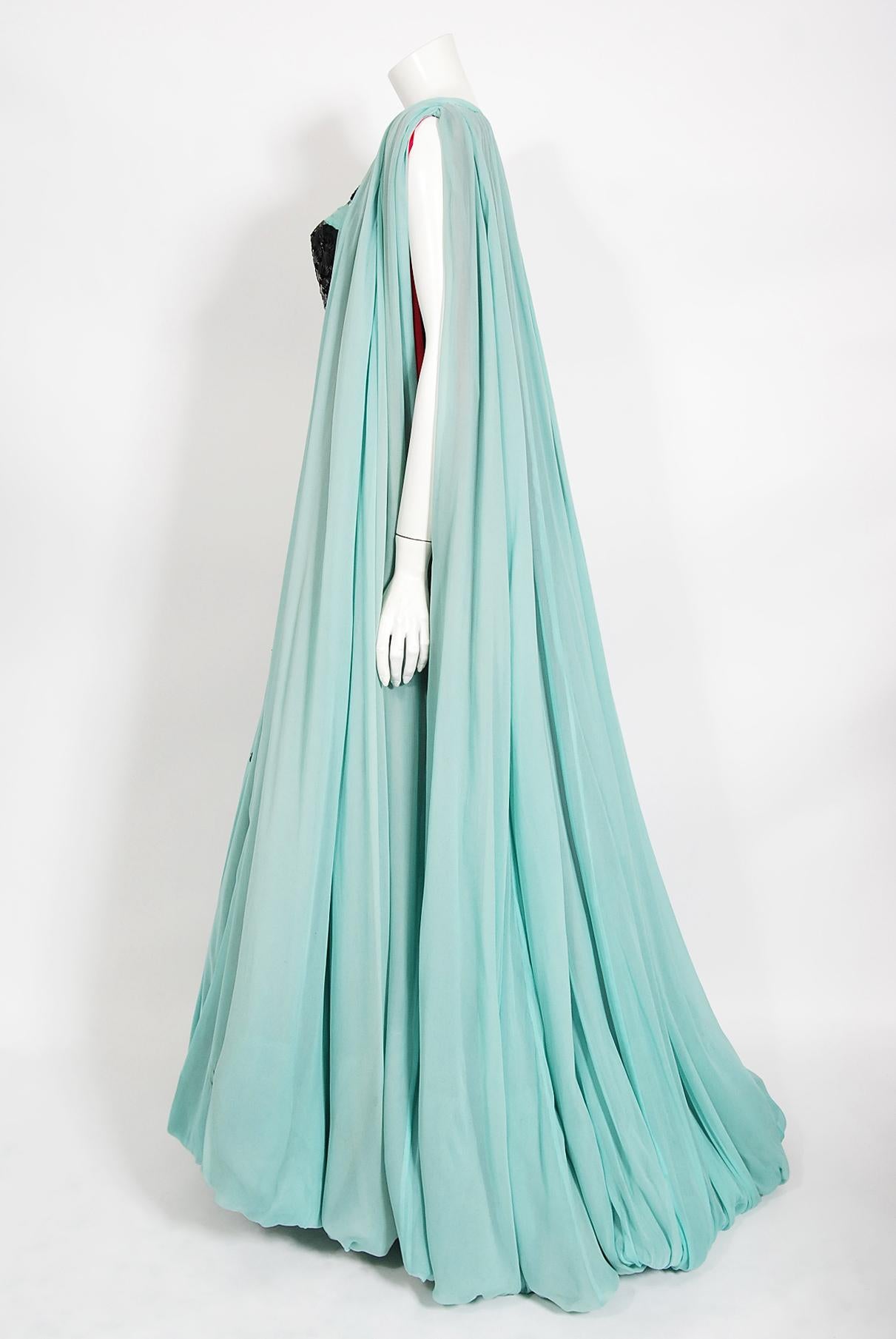 Vintage 1950's Yma Sumac Custom Couture Beaded Blue Silk Hourglass Gown Ensemble 11