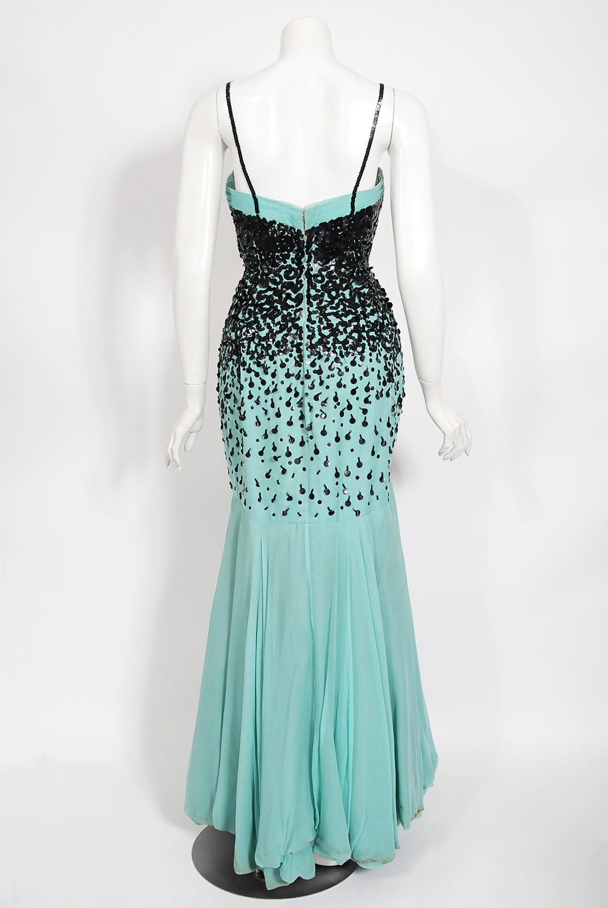 Vintage 1950's Yma Sumac Custom Couture Beaded Blue Silk Hourglass Gown Ensemble 13